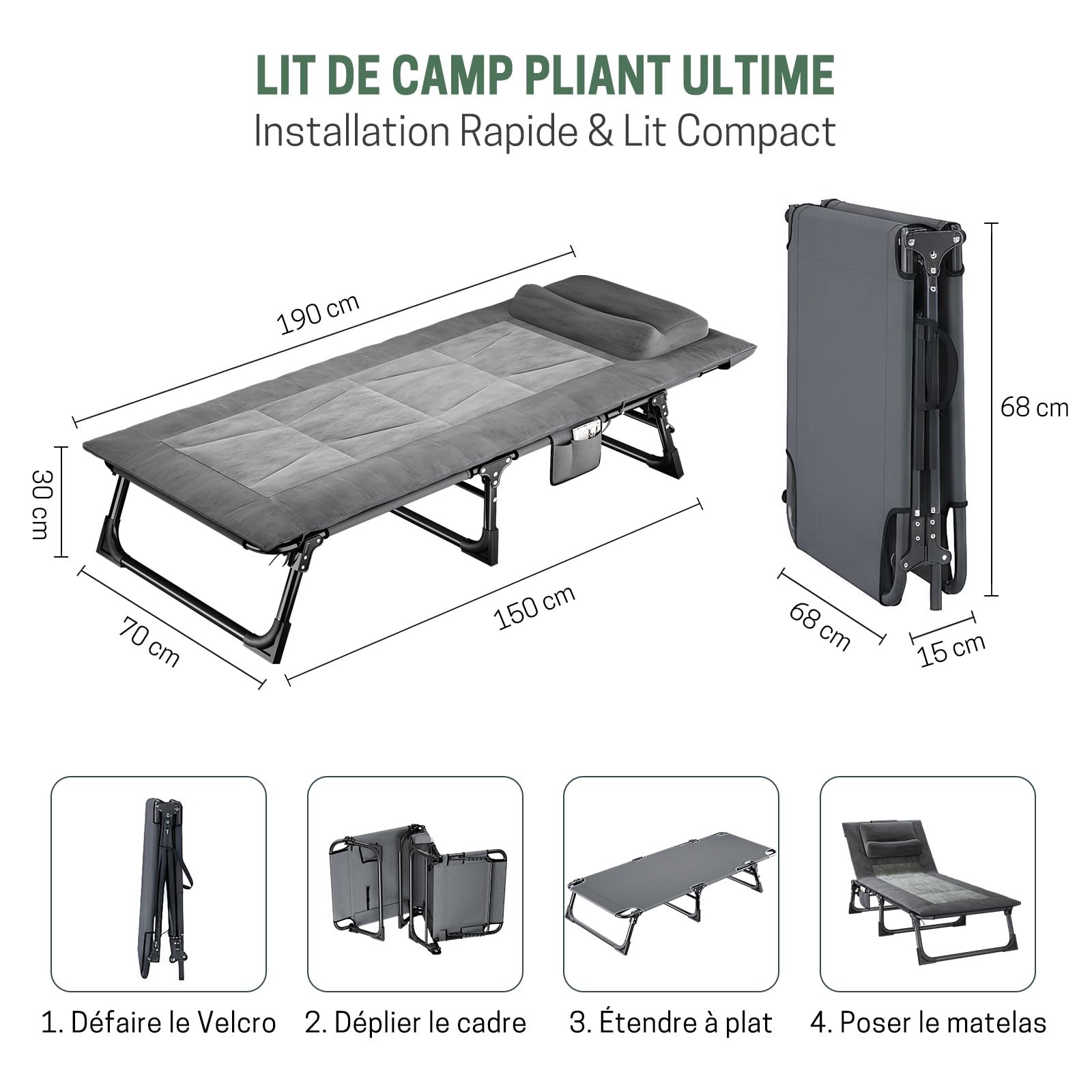 Bain de Soleil 4 Positions, Chaise Longue Pliable | avec Matelas Rembourré et Oreiller; Lit de Camping Portable; pour Jardin, Plage, Piscine, Patio; Gris