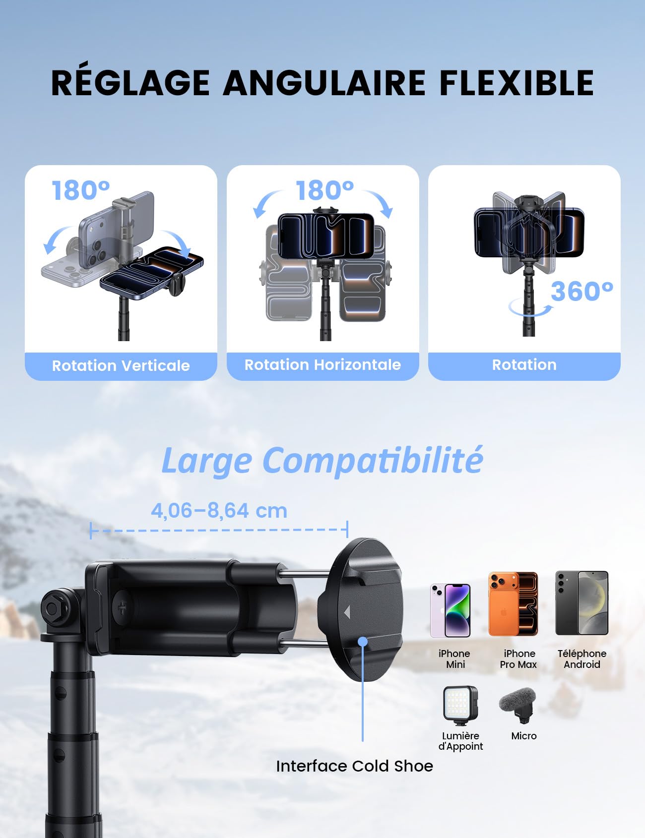 Lamicall Trepied Smartphone, Perche à Selfie - [Ouverture Automatique] 165cm Trépied Portable Extensible avec Télécommande sans Fil & Griffe Froide, Aluminium, 360° Rotation, pour iPhone/Samsung