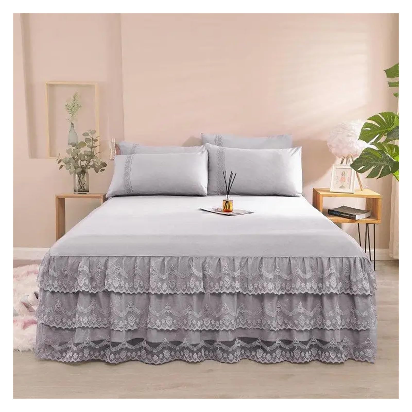 Bed Skirt Pillowcase Bed Set Ruffle Three Layers Lace Bedspreads Sheet Soft Fitted Sheet Cover(6,150x200cm 3pcs set)