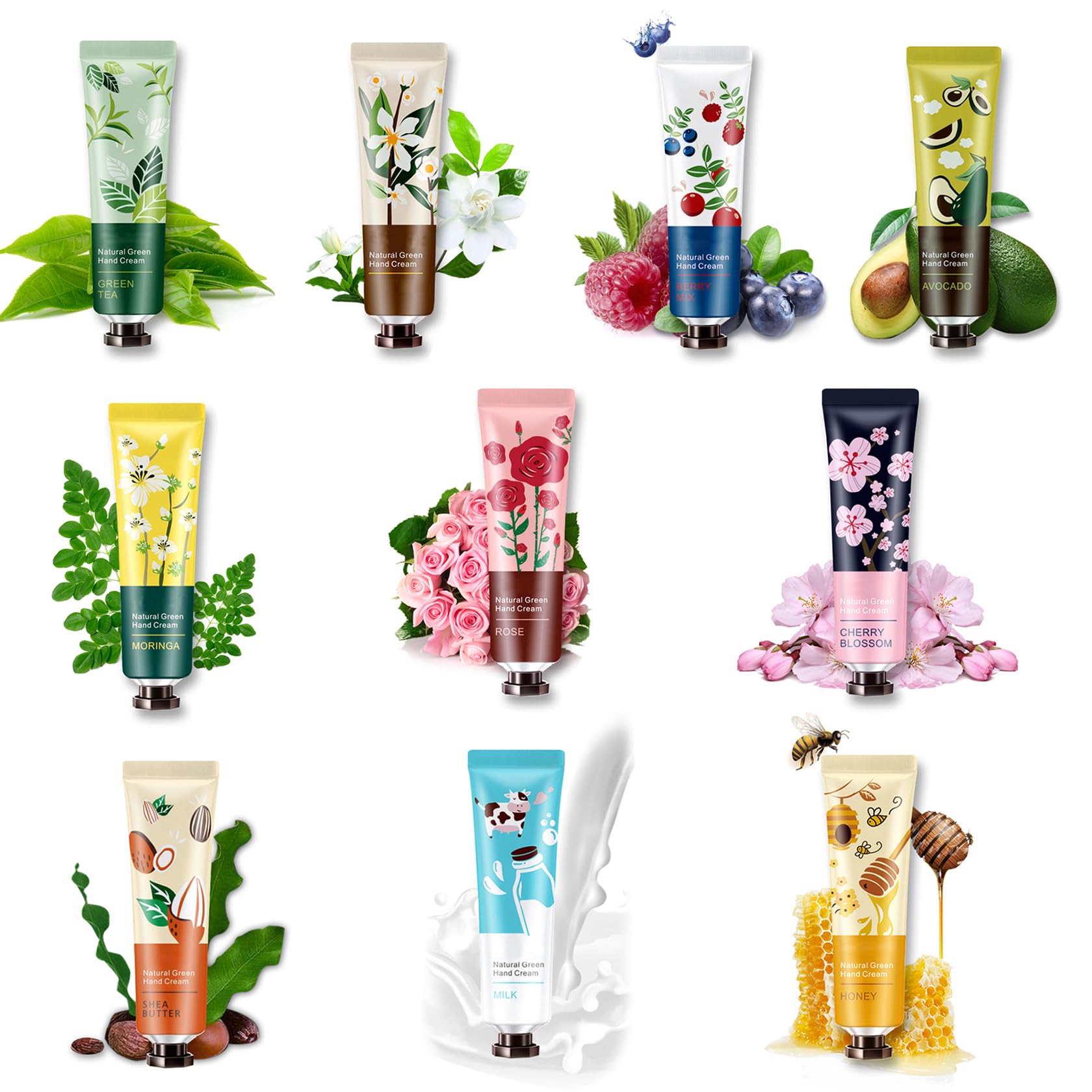 10 Pack Natural Botanical Fragrance Hand Cream Travel Gift Set for Chapped and Work Hands,Moisturizing Mini Hand Lotion Travel Size for Men and Women,with Natural Shea Butter and Aloe Vera - 30ml 10P