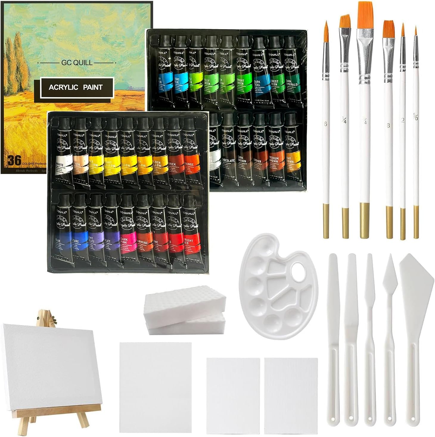 GC QUILL 54pcs Art Acrylic Paint Set - Painting Supplies with 36 * 12ml Tubes, Paint Brushes, Palette Knives, Canvas, Easel, Sponge, Palette for Artist Painting on Wood, Ceramics, Fabric, Crafts