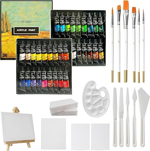 Miniatura 2 de GC QUILL Juego de 36 pinturas acrílicas, 54 piezas de suministros de pintura con 36 tubos de 0.47 onzas líquidas, pinceles, cuchillos, lienzo,