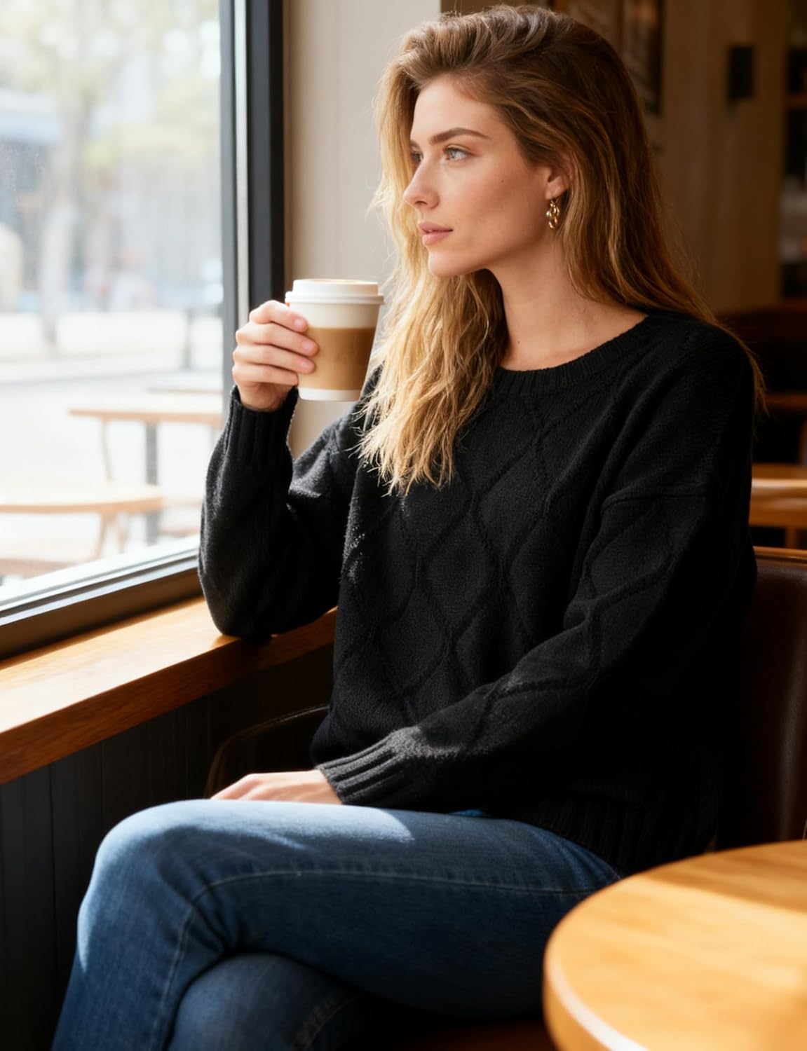 Women's Fall and Winter Long Sleeve Crewneck Sweater, Soft Knit with Diamond Pattern, Relaxed Fit Pullover Top - Image 5