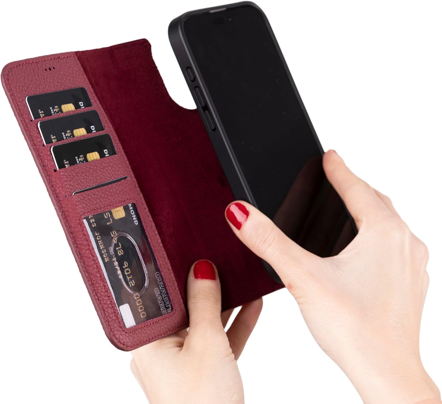 HARDISTON Compatible with iPhone 16 Wallet Case - MagSafe Compatible- Handmade Genuine Leather - Detachable Magnetic Flip Cover Card Holders - Customizable - Horizontal Kickstand (Burgundy)