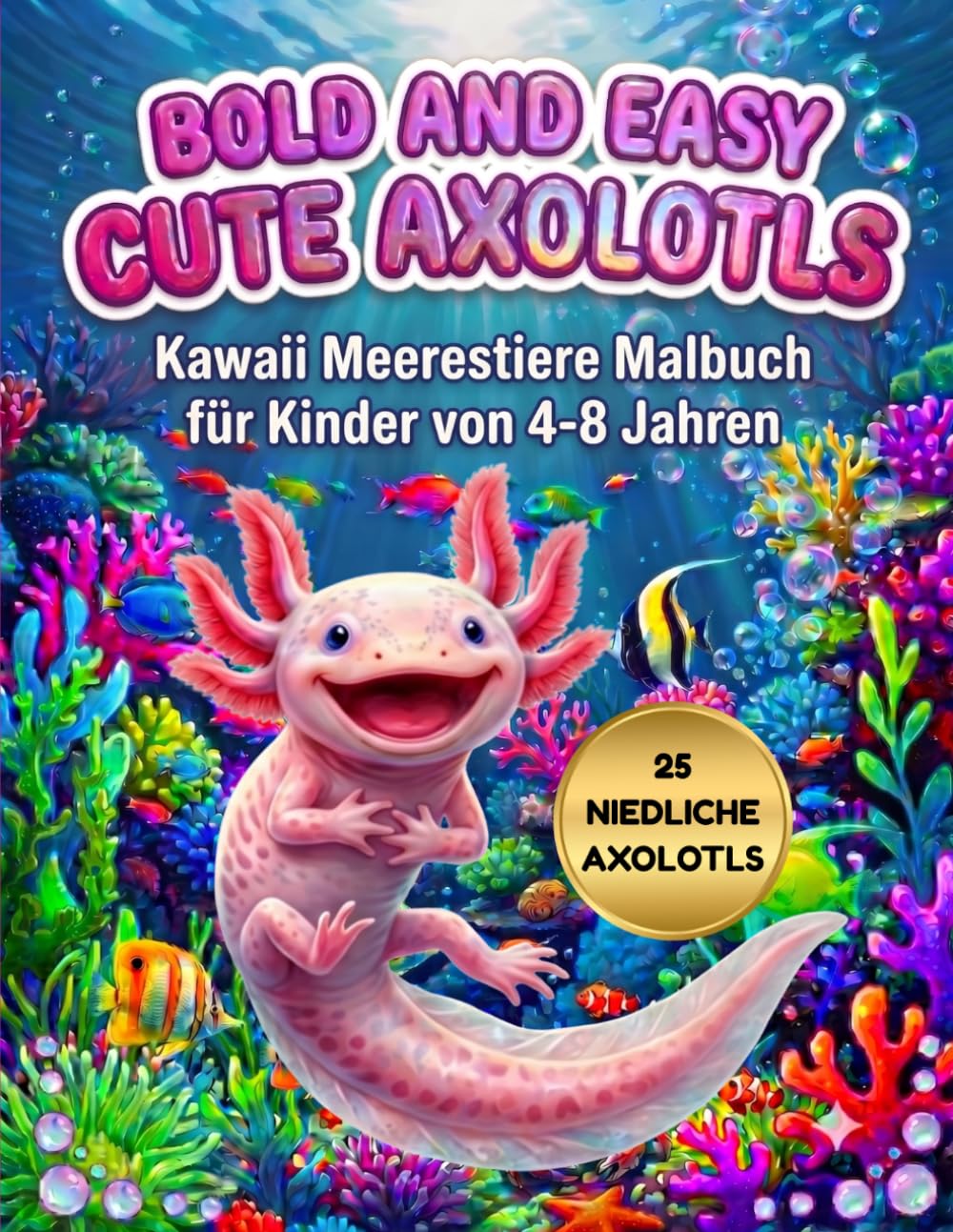 BOLD AND EASY CUTE AXOLOTLS: Kawaii Meerestiere Malbuch für Kinder von 4-8 Jahren