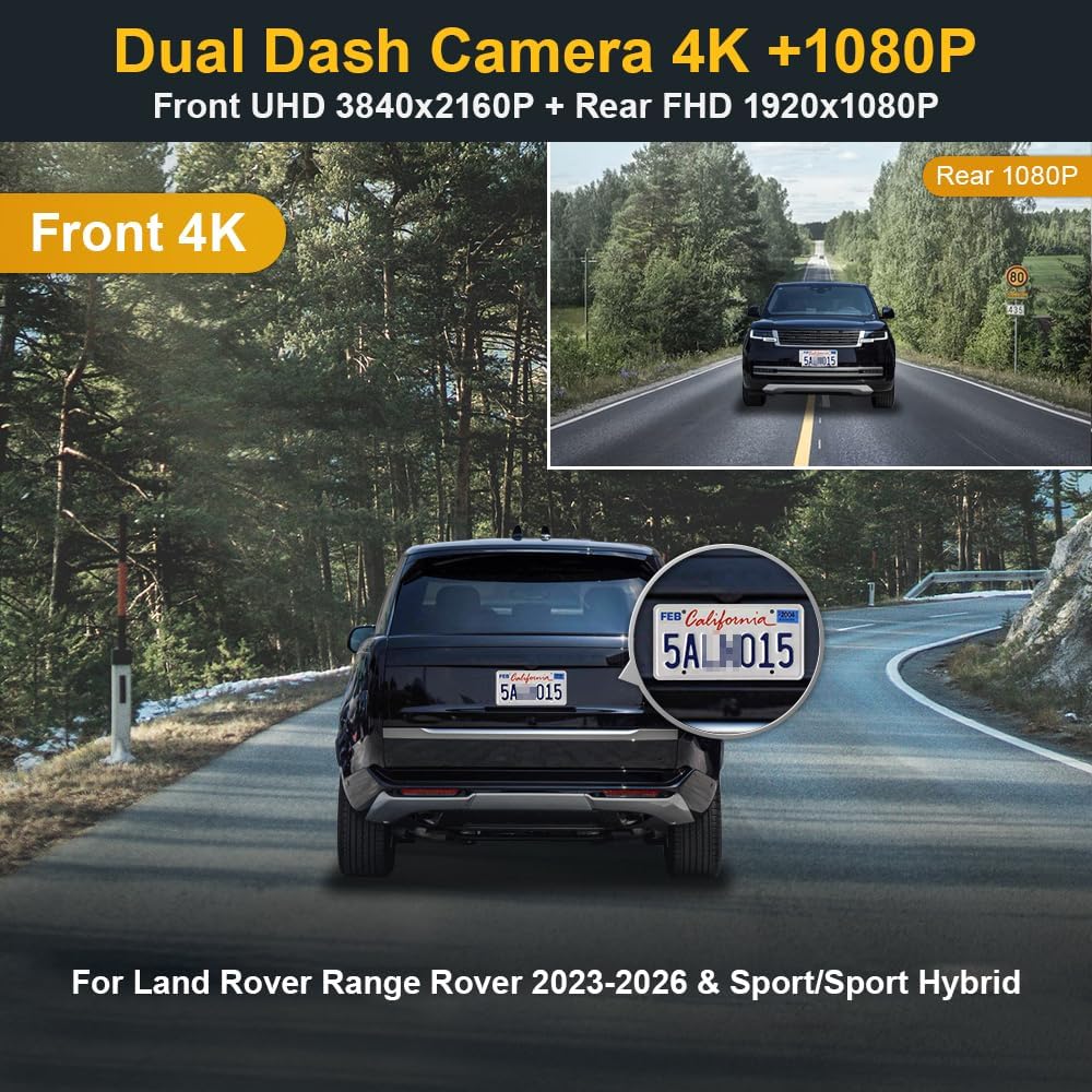 Fitcamx Front 4K+Rear 1080P Dash Cam Adapts for Land Rover Range Rover 2023-2026 & Sport Hybrid (HD2-6386), OEM Look, 2 Way HD Video, WiFi & APP, Loop Recording, G-Sensor, Easy to Use, 128GB Card