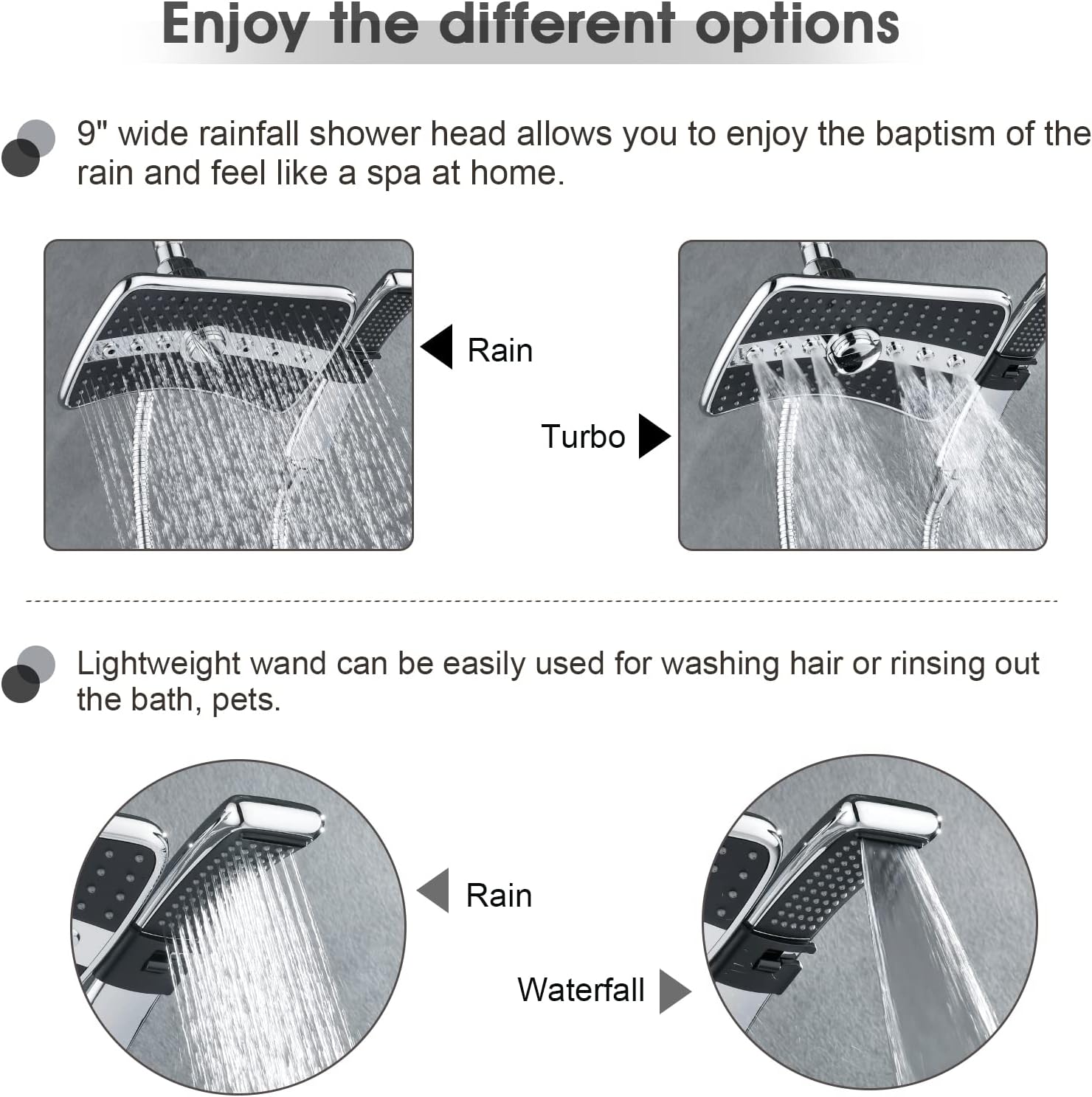 BRIGHT SHOWERS Dual Shower Head Combo, Handheld Showerhead Rainfall Shower Head Set with Black Face, 60 Inch Long Stainless Steel Shower Hose, Chrome - - 
