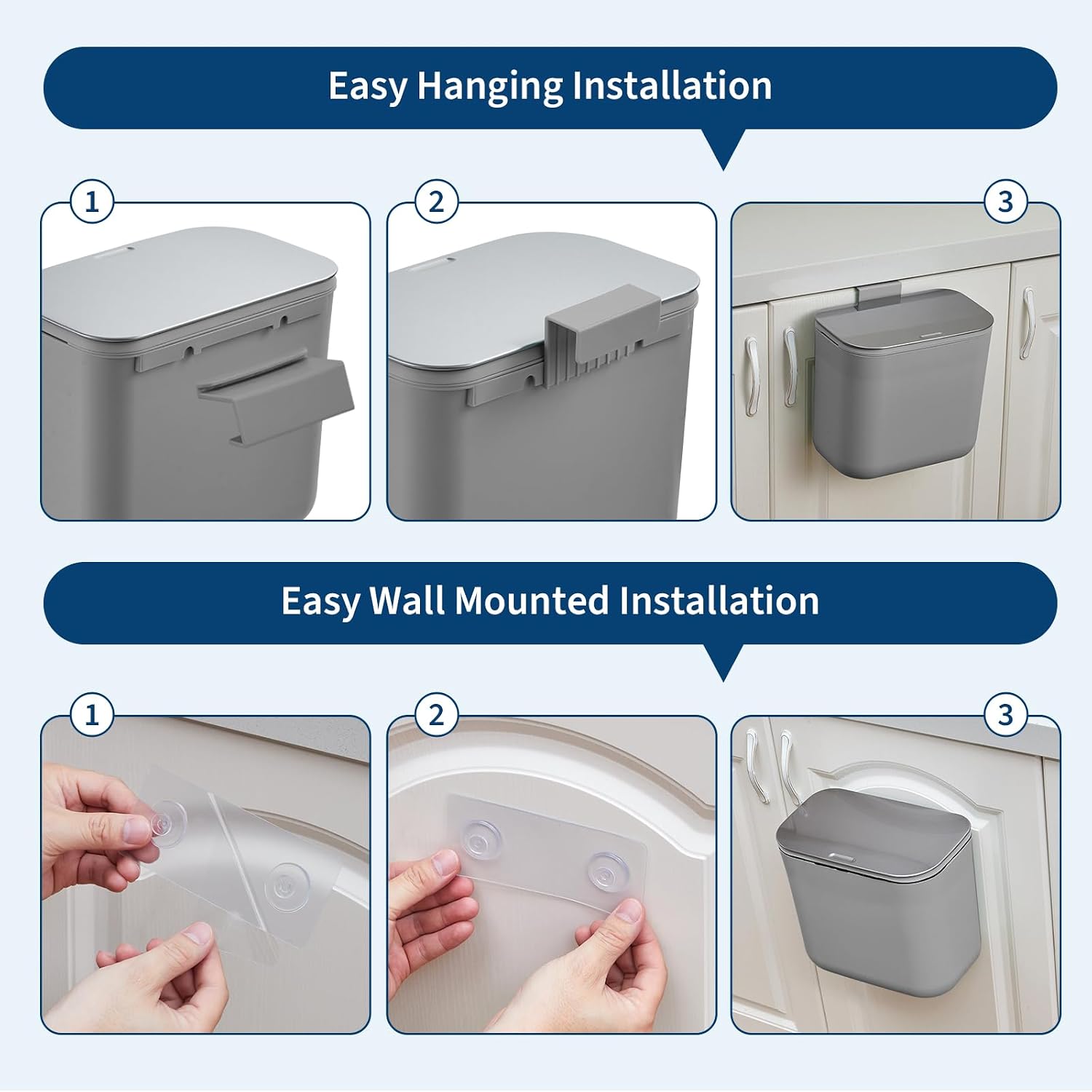 1.8 Gallon/7L Hanging Trash Can with Stainless Steel Lid, Mountable Under Sink Compost Bin for Kitchen Cabinet Door, Food Waste Bin for RV, Bathroom, Office - Grey