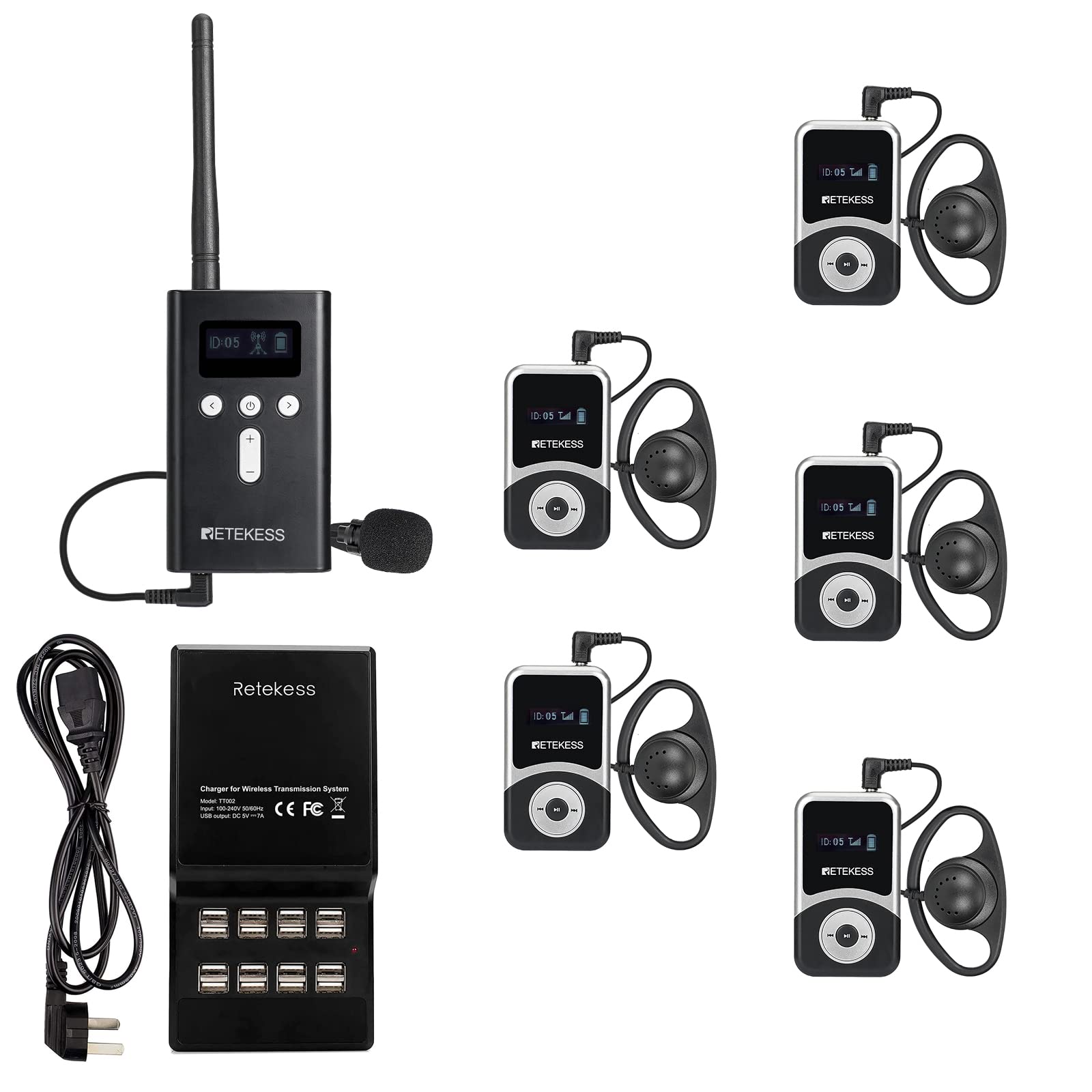 Retekess Case of 1 Transmitter 5 Receivers, T130S Upgrade Wireless Tour Guide System, New Version of T130, Universal for Left and Right Ears, 16 Port USB Charging Station, for Conference,Training
