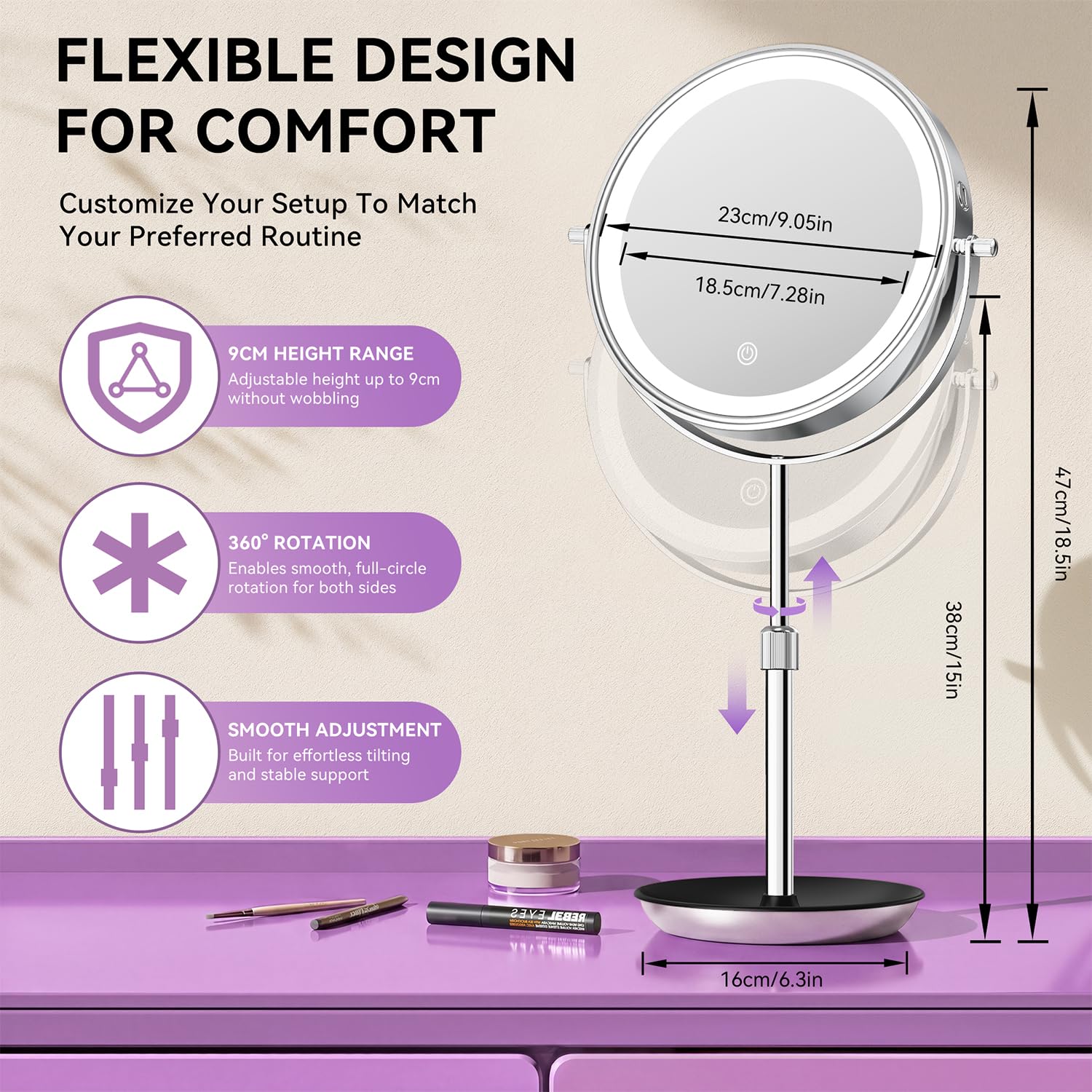 Auxmir 9" Miroir Grossissant Lumineux, 1X/30X Double Face, Miroir de Maquillage Réglable en Hauteur de 38 à 47 cm, 3000mAh Chargement USB, Miroir de Table 3 Couleurs Lumière Réglables, Rotation à 360°