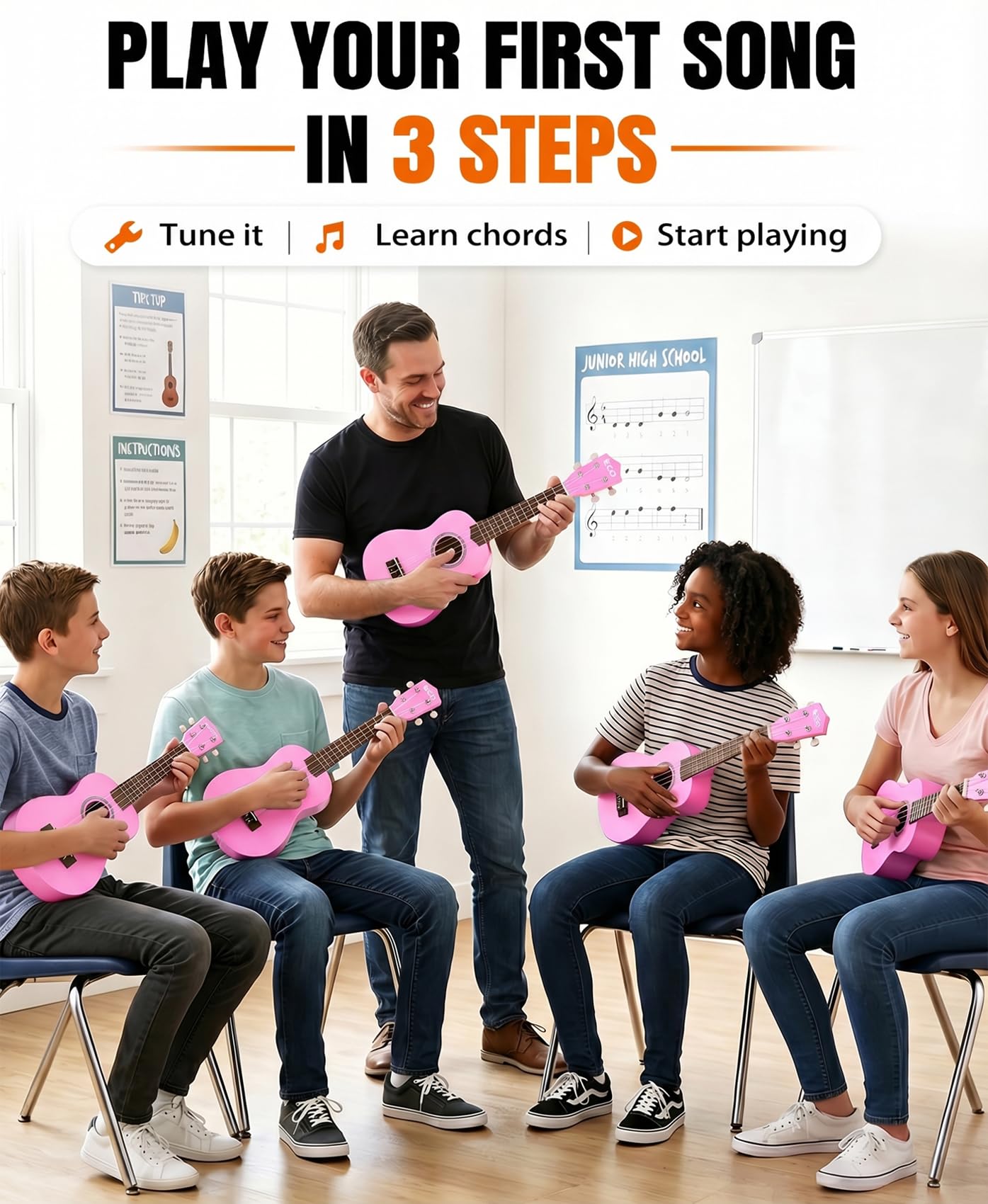 Kit de débutant ukulélé soprano pour enfants et débutants, Ukelele 21 pouces avec recueil de chansons, étui, sangle, accordeur, cordes et médiators