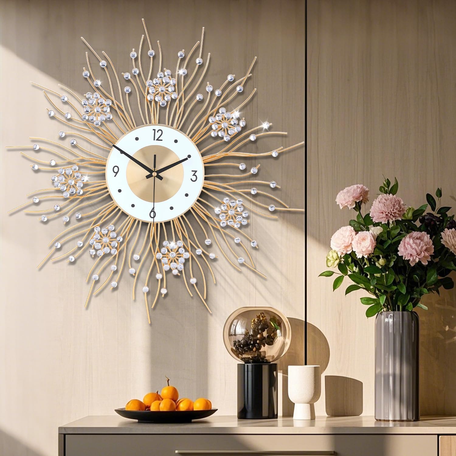 SIN&MI Large Wall Clocks, Silent Sunflower Shape Chic Decorative Wall Clock, Modern Non-Ticking Round Clock Dial Iron Metal Wall Clock for Living Room Decor Entrance Office Cafe 27.5 Inch