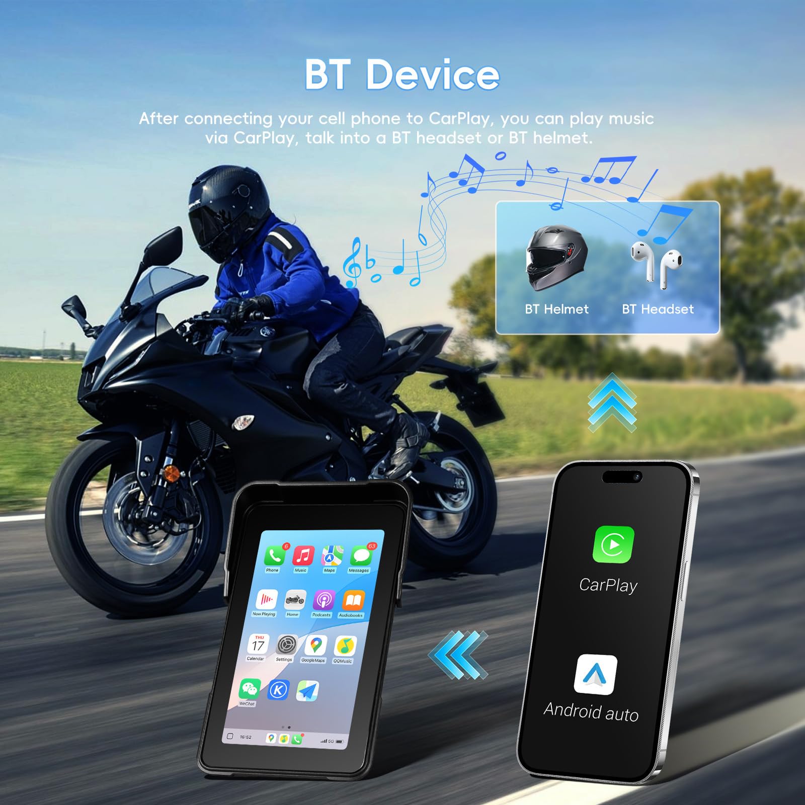 CAMECHO Moto Carplay Navi Écran avec sans Fil Carplay Android Auto IP68 Étanche Appareils de Navigation 5 Pouces Écran Tactile Bluetooth Affichage pour Motos 12V