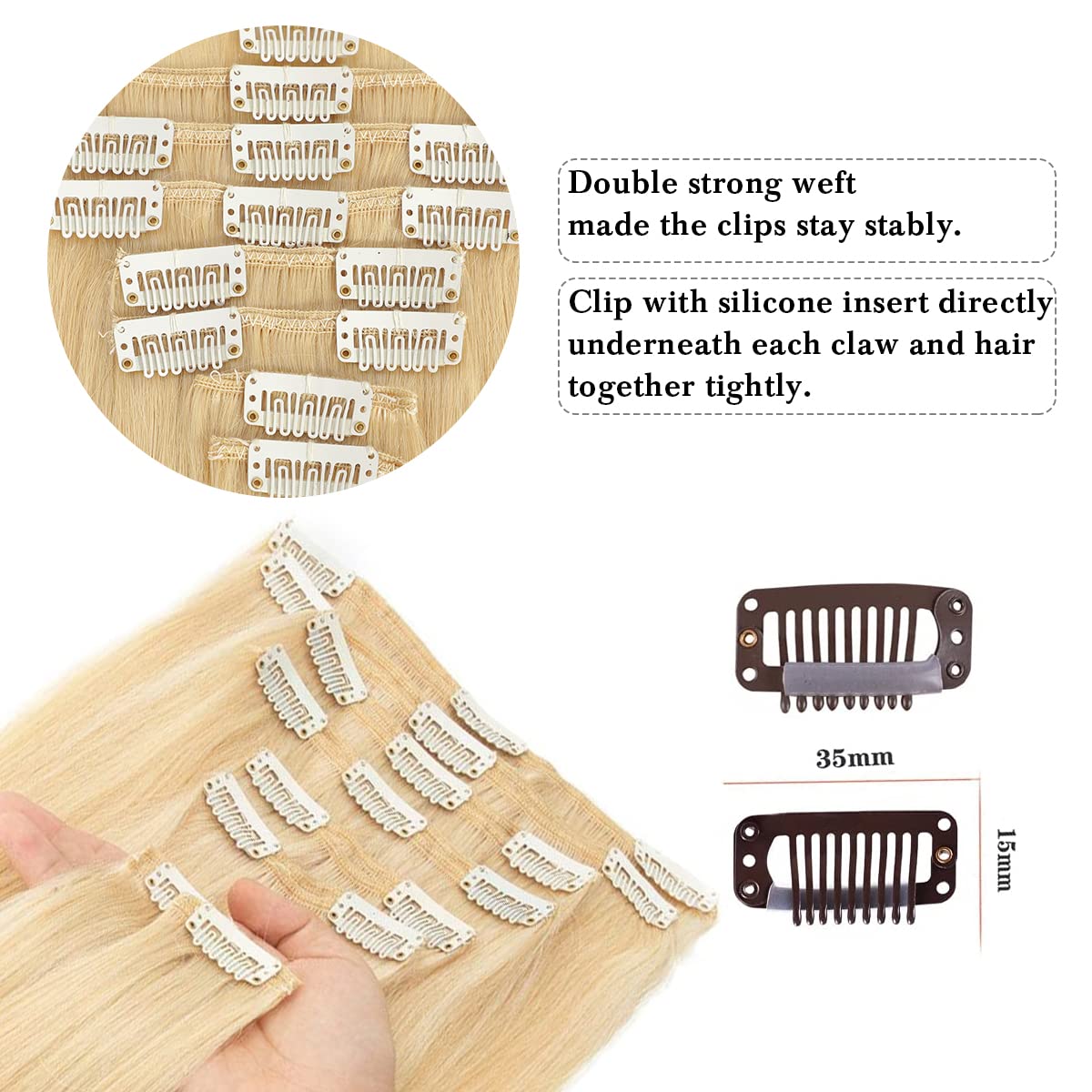 Clip in Hair Extensions Real Human Hair 100% Brazilian Virgin Human Hair 70g 8pcs Per Set with 18Clips Double Weft Clip in Human Hair Extensions (20 Inch, #613 Bleach Blonde)