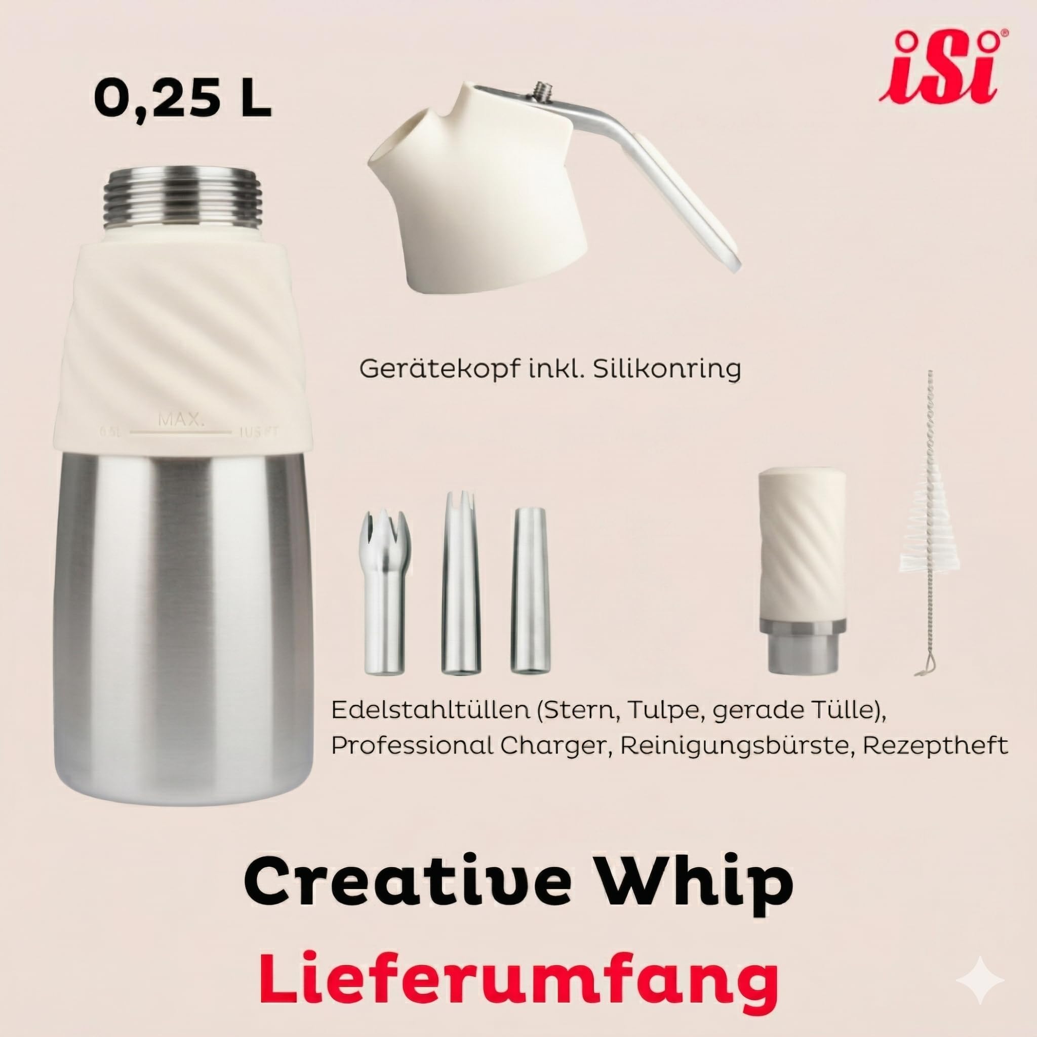 iSi Creative Whip Premium Sahnespender 250ml, Ivory White, aus Edelstahl, inkl. 3 Edelstahltüllen & Magic Texturizer, Sahnespender für Sahne, Dessert & Herzhaftes, Spülmaschinenfest