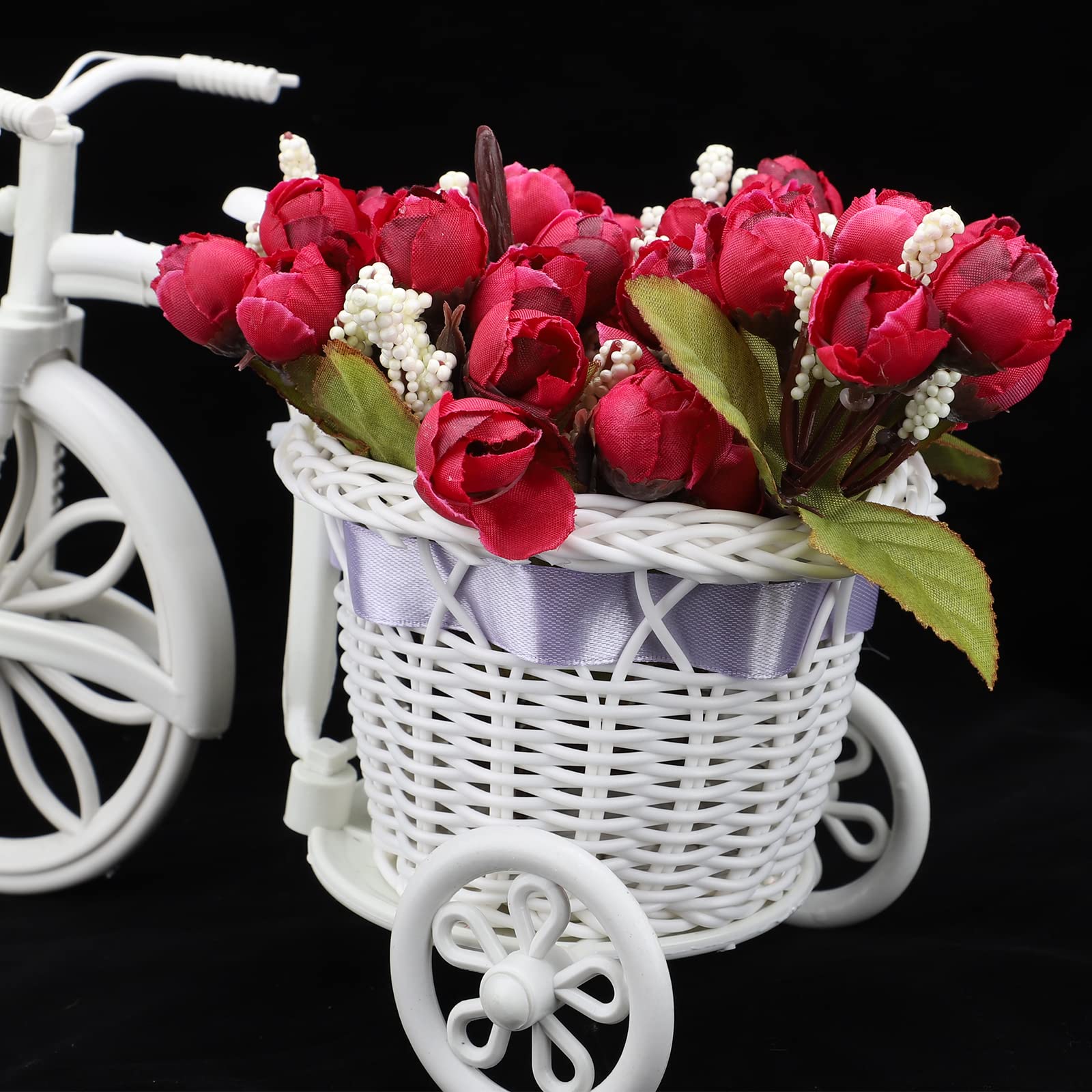 Nostalgic Bicycle Artificial Rose Flower Plant Stand Basket Decoration Creative Desktop Floral Personalized Fake Rose Arrangements for Home Tabletop Centerpieces Wedding Party Decor (White - Image 3