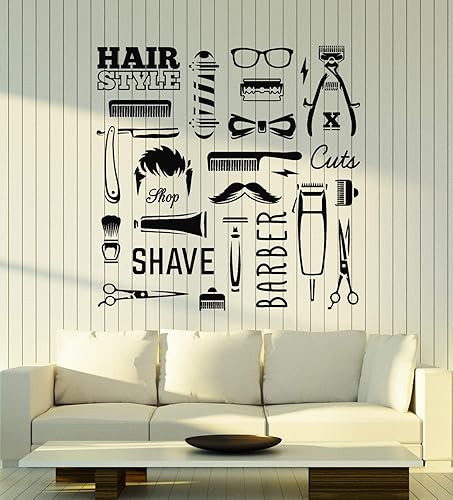 Vinilo adhesivo para pared, herramientas de peluquería, estilo de pelo, afeitado, cortes, pegatinas mural, decoración grande (g1580), color negro