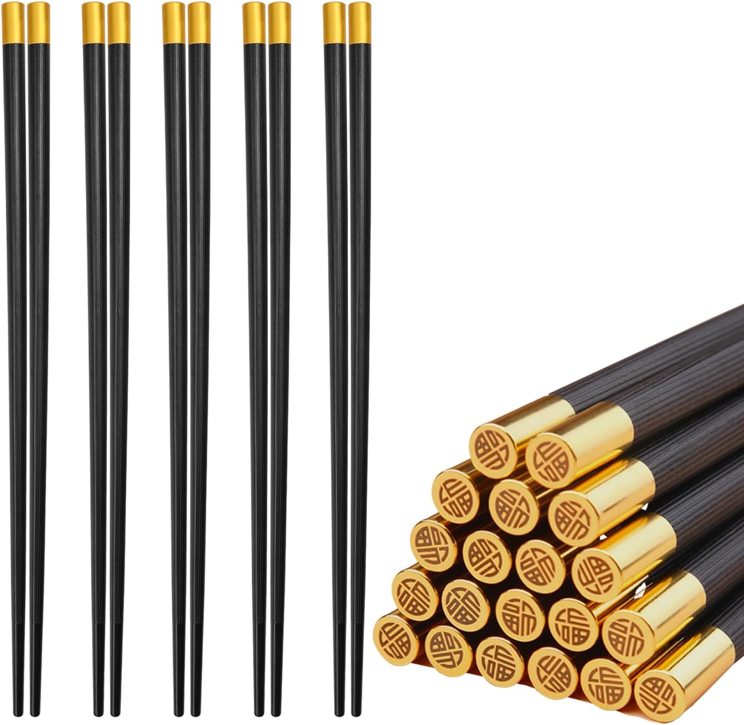 5 Pairs Chopsticks Reusable Dishwasher Safe Chopstick, 9.57inch/24.3cm Matte Non-Slip Chopsticks, Chinese Word Style Chop Sticks for Food & Cooking/ Fmily/ Hotel, Black