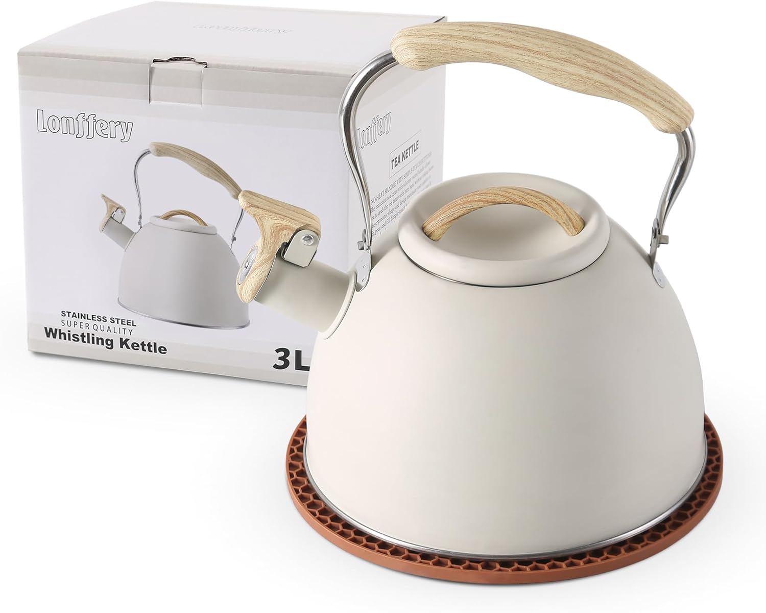 LONFFERY Tea Kettle for Stove Top, 3.2 Quart Whistling Tea Kettle, Food Grade Stainless Steel and Wood Pattern Folding Handle, Creamy White
