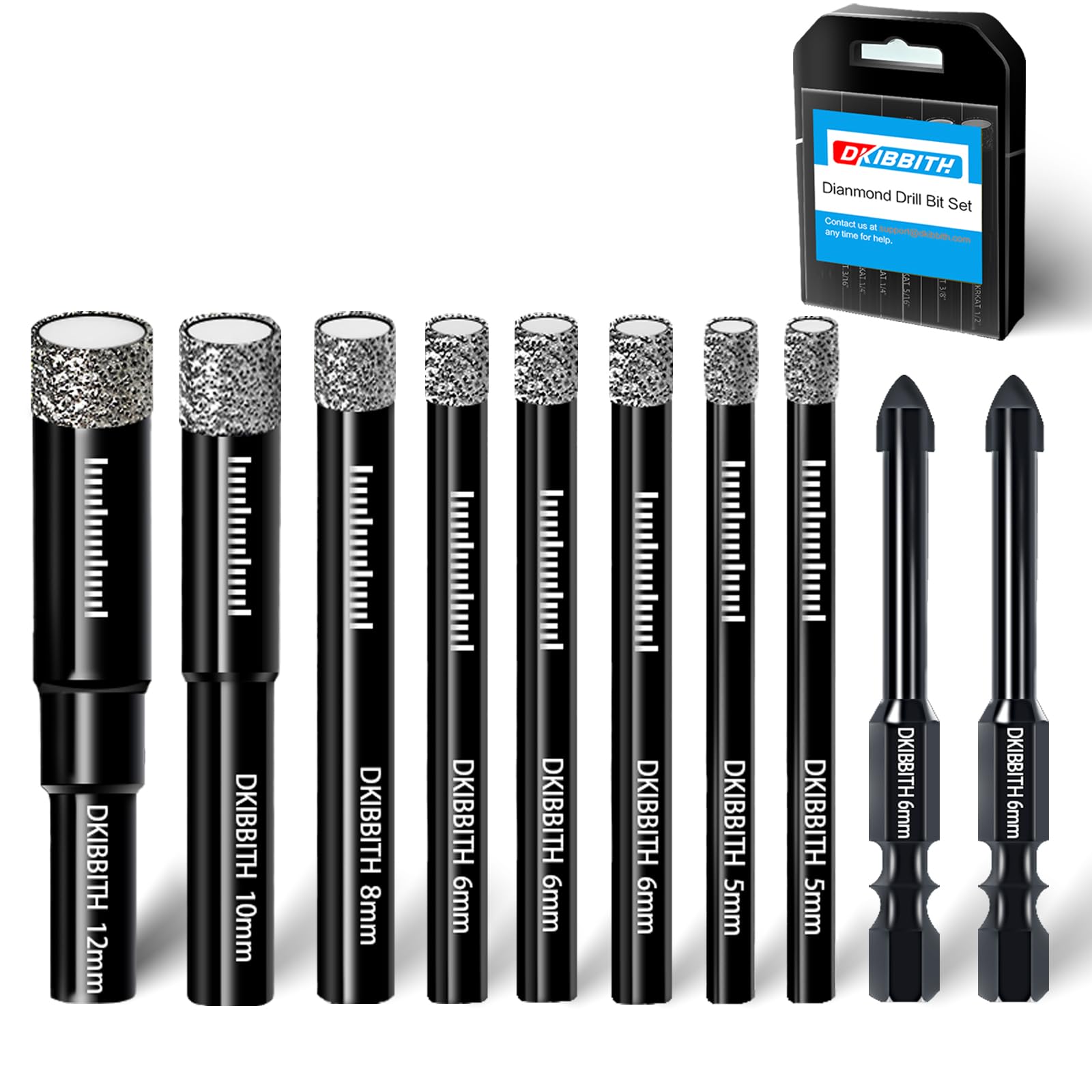 DKIBBITH 10-teiliges Set Trocken-Diamantbohrer & Fliesenbohrer für Keramik, Porzellan, Marmor, Granit, Stein, Glas – Rundschaft 5mm(x2), 6mm(x3), 8mm, 10mm, 12mm + 2 Stück Mauerbohrer 6mm.