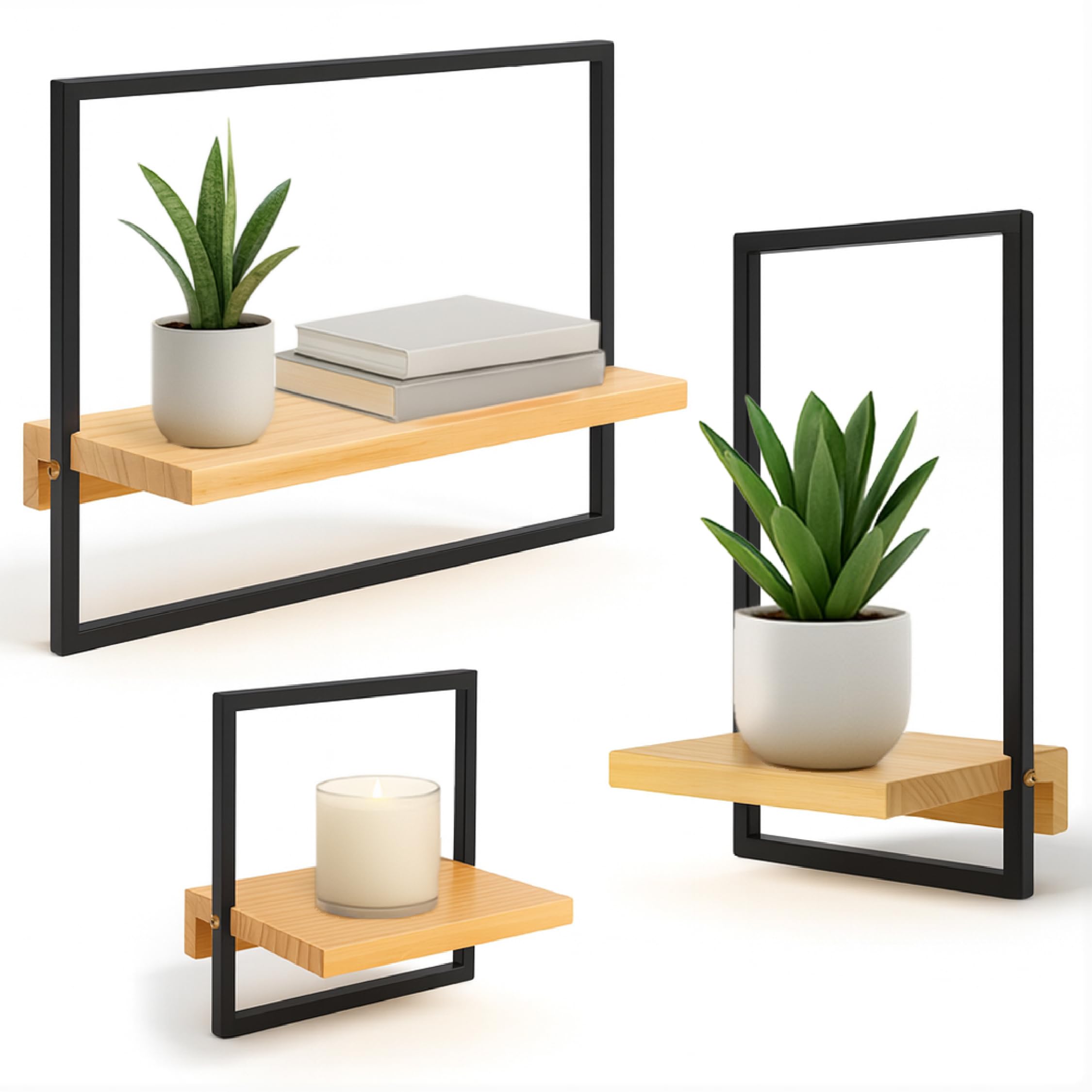 Kastwood Estantería de Pared de Madera – Set 3 Baldas Flotantes Pared y Repisas Decorativas para Salón, Baño y Dormitorio – Estanterías de Pared en Madera Natural con Marco Metálico Decorativo