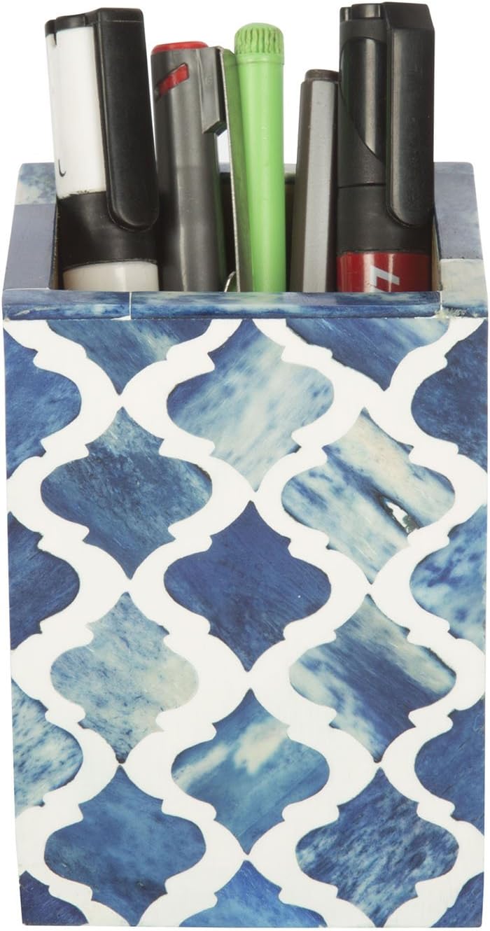 Handicrafts Home Pen Holder– Aesthetic Bone & Resin Inlay Pencil Cup for Modern Desk Organizer- Blue White Moroccan Pattern Minimalist Office Accessories & Decor for Women- Make-up Organizer- 3x3x4”
