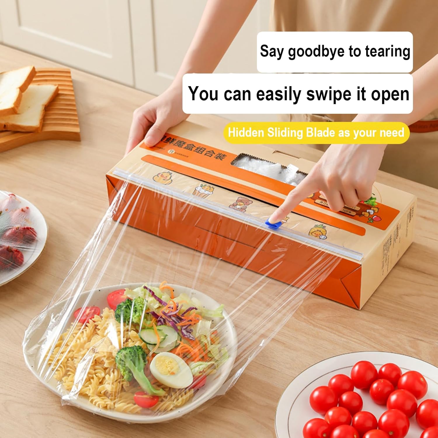 Plastic Wrap with Slide Cutter for Food, 100meters Cling Film with Magnetic Back, Includes 100 Reusable Plastic Bowl Covers, Microwave and Refrigerator Safe, BPA Free (2 Packs)