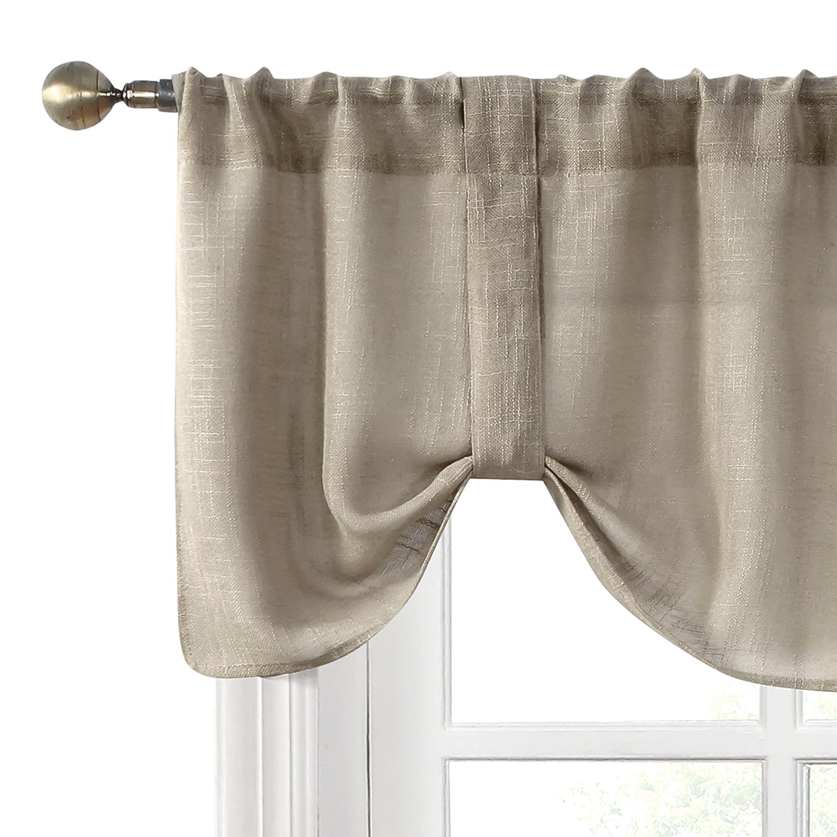 Home Queen Burlap Tie Up Curtain Topper Valance for Cafe Window, Semi Sheer Fabric with Adjustable Magic Strap, Straight and Wave Available, 54" W X 20" L, Taupe