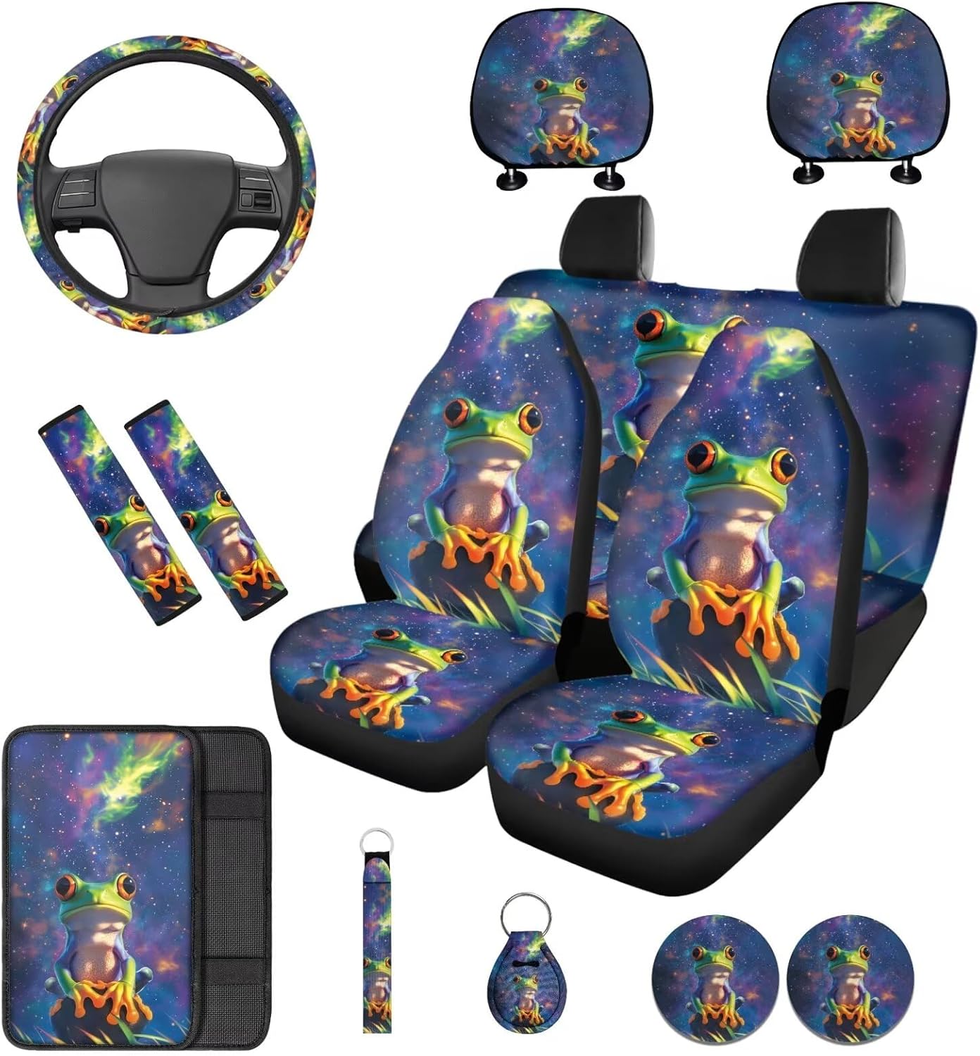 Bulopur Galaxy Frog Car Seat Covers Full Set with Steering Wheel Cover 15 Inch Comfortable Armrest Pad Keychain Coasters Stretchable Headrest Covers Seat Belt Pads Car Decor Accessories