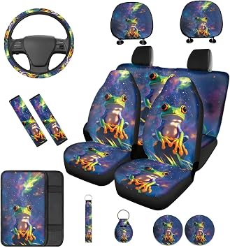 Bulopur Galaxy Frog Car Seat Covers Full Set with Steering Wheel Cover 15 Inch Comfortable Armrest Pad Keychain Coasters Stretchable Headrest Covers Seat Belt Pads Car Decor Accessories