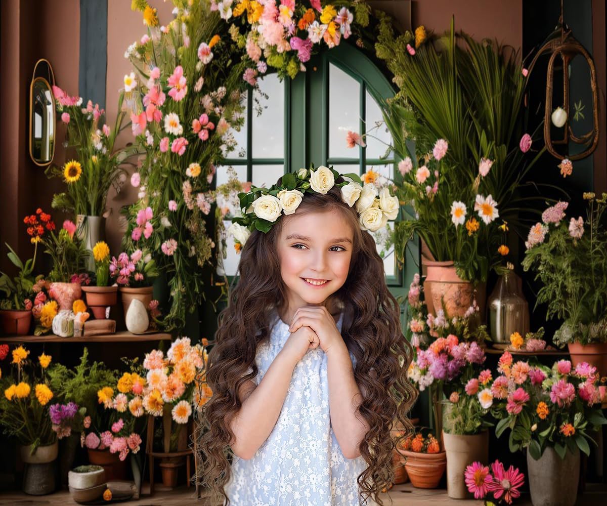 10x8ft Spring Flower Backdrop for Photography Indoor Blooming Flower Arch Wooden Door Floral Photo Background Video Photo Shoot Wedding Portrait Background Studio Photo Booth Props
