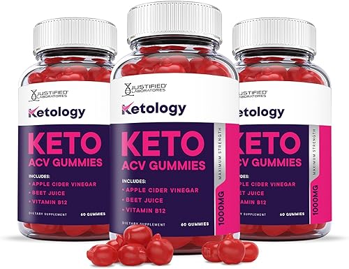 Justified Laboratories Paquete de 3 gomitas Ketology Keto ACV de 1000 mg con jugo de granada y raíz de remolacha B12 180 gomitas