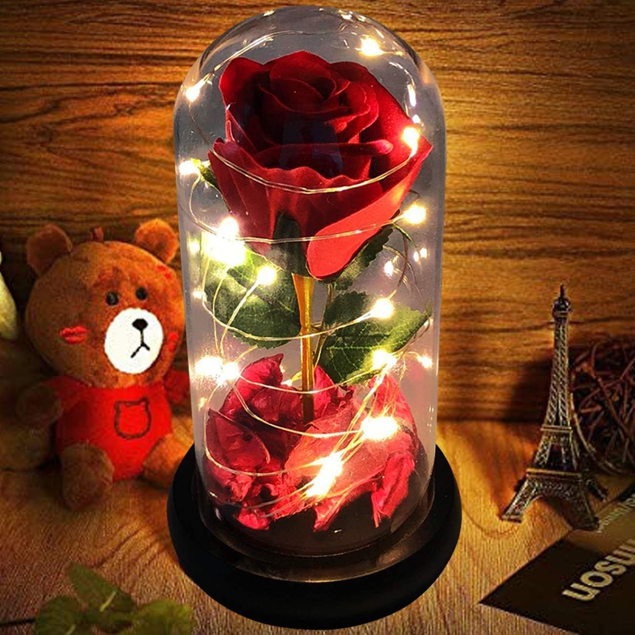 Saffri Led Lights Red Rose Gift in Glass Dome Perfect Present for Girlfriend Boyfriend GF BF Husband Wife Christmas Birthday Anniversary