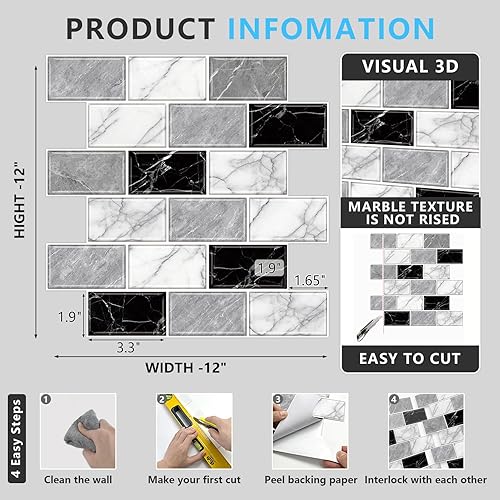 Miniatura 5 de URCOLOR 10 hojas de salpicaduras para cocina, despegar y pegar, 12 x 12 pulgadas, autoadhesivo para salpicaduras de baño, aspecto de mármol negro,