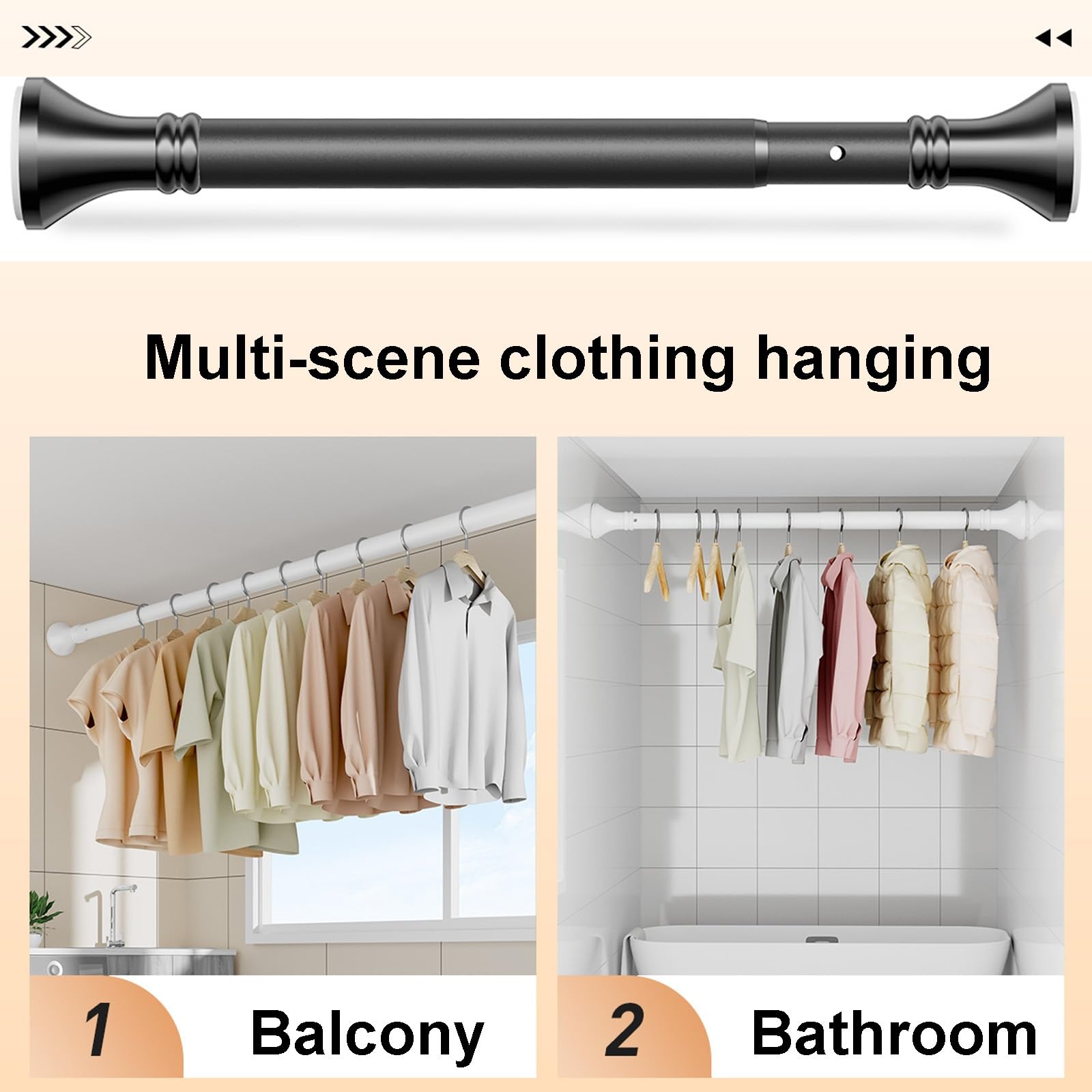 Tringle à Rideaux Extensible en Acier Inoxydable Barre de Douche sans Percage Autobloquante Fixation par Pression Poteau de Rideau pour Salle de Bain Toilette Penderie Cuisine(Noir,160-250CM)