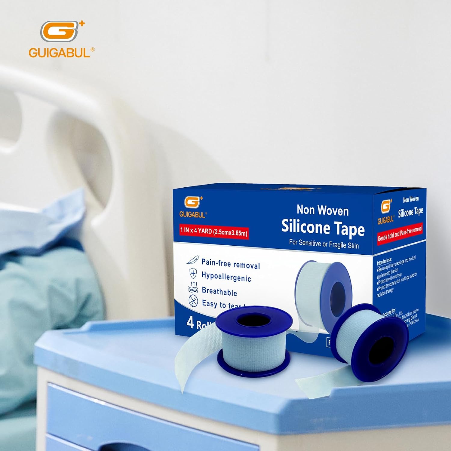 Silicone Blue Medical Tape for Sensitive Skin 1" x 4yd (4 Rolls) | Pain-Free Removal, Hypoallergenic, Repositionable, Surgical Tape For Dressings, Face, First Aid