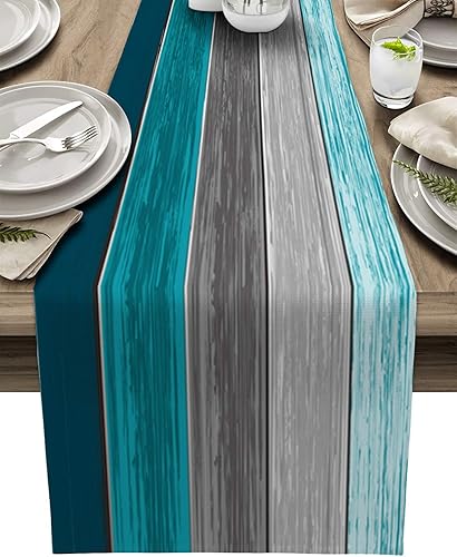 Miniatura 323 de Camino de mesa de algodón y lino estilo granja rústico retro, textura de madera de granero, color degradado marrón y gris, antideslizante,