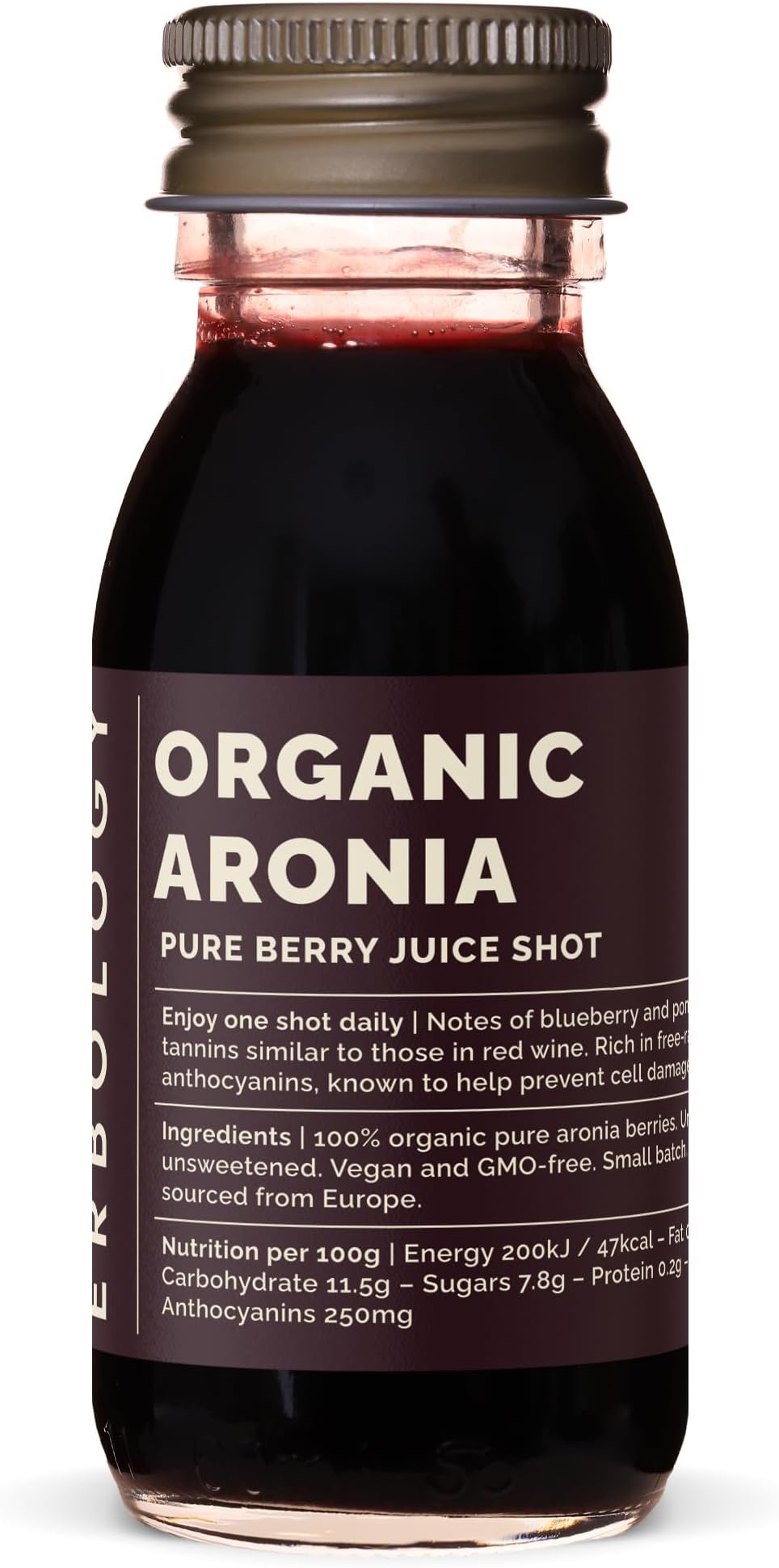 Erbology Organic Aronia Berry Juice 12 Daily Shots (2 fl oz) - Glowing Skin - Rich in Anthocyanins - Straight from Farm in Europe - Undiluted - No Added Sugar - Non-GMO - Recyclable Glass Bottle