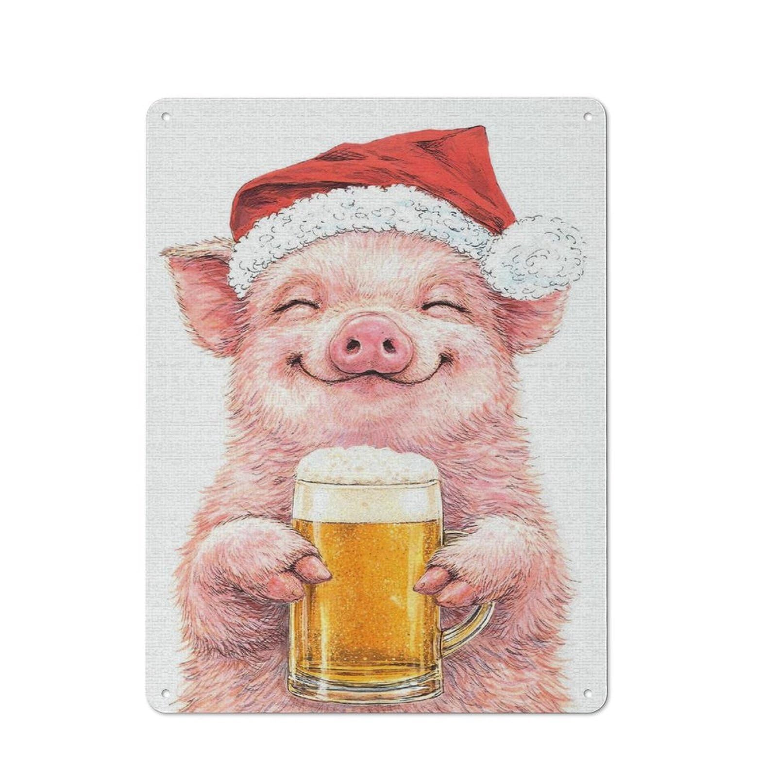 Junmoney Style-13 Garage Style Metal Wall Sign 40X30cm Featuring Pig In Santa Hat With Beer, Garage Wall Decor For Garage, Hobby Room, Office Or Man Cave