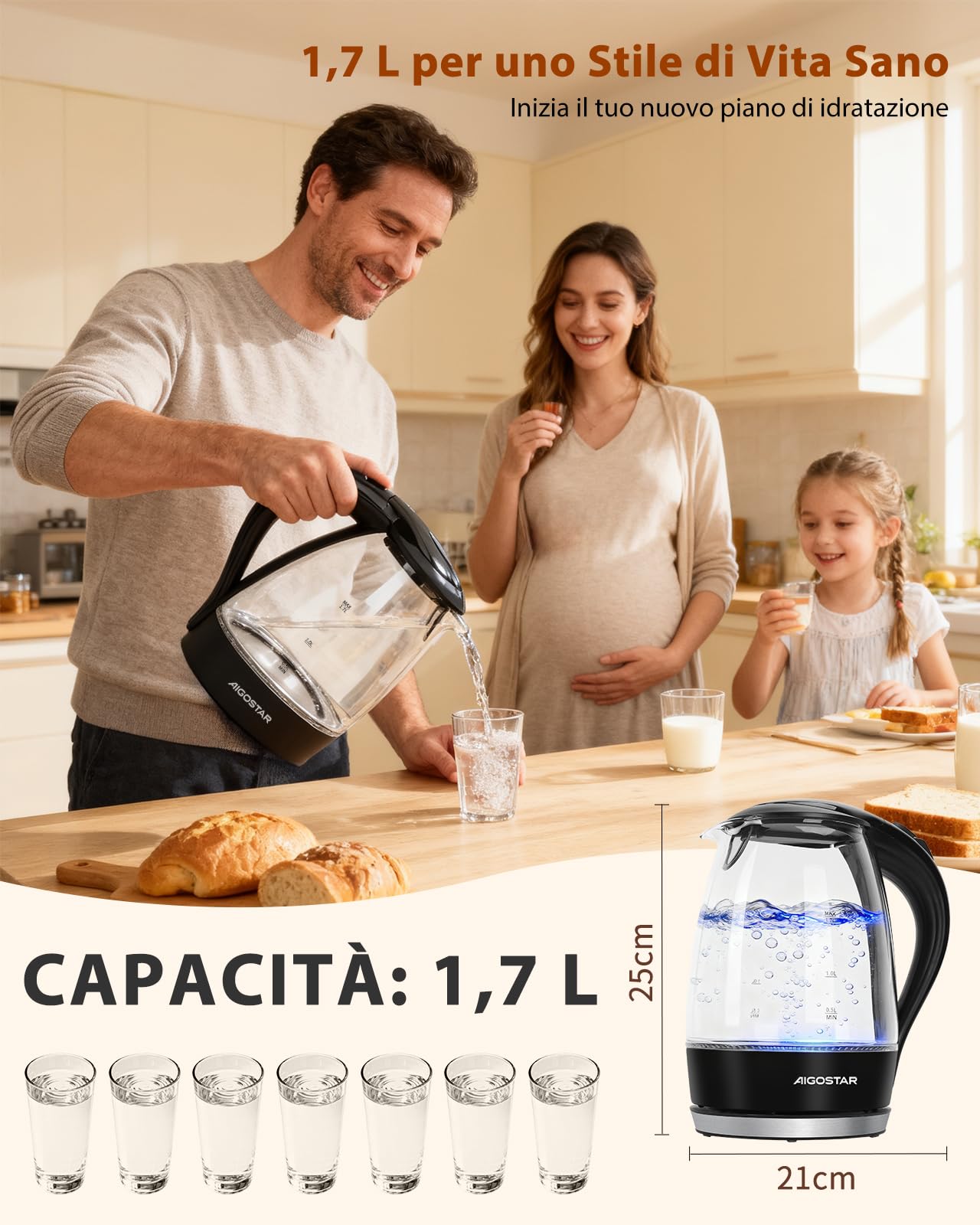 Aigostar Adam - Bollitore Acqua Elettrico in Vetro Borosilicato con LED, 1,7 litri, 2200W, Spegnimento Automatico, Filtro Anticalcare, Base di rotazione a 360° in Acciaio Inox, Teiera Senza BPA Nero