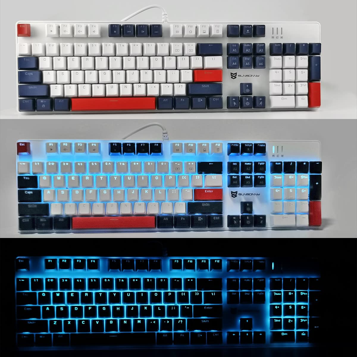 Qisan Tastiera meccanica da gioco, tastiera cablata, retroilluminazione a LED bianco/blu/rosso combo 104 tasti layout americano tastiera da gioco con rimovibile,interruttore blu