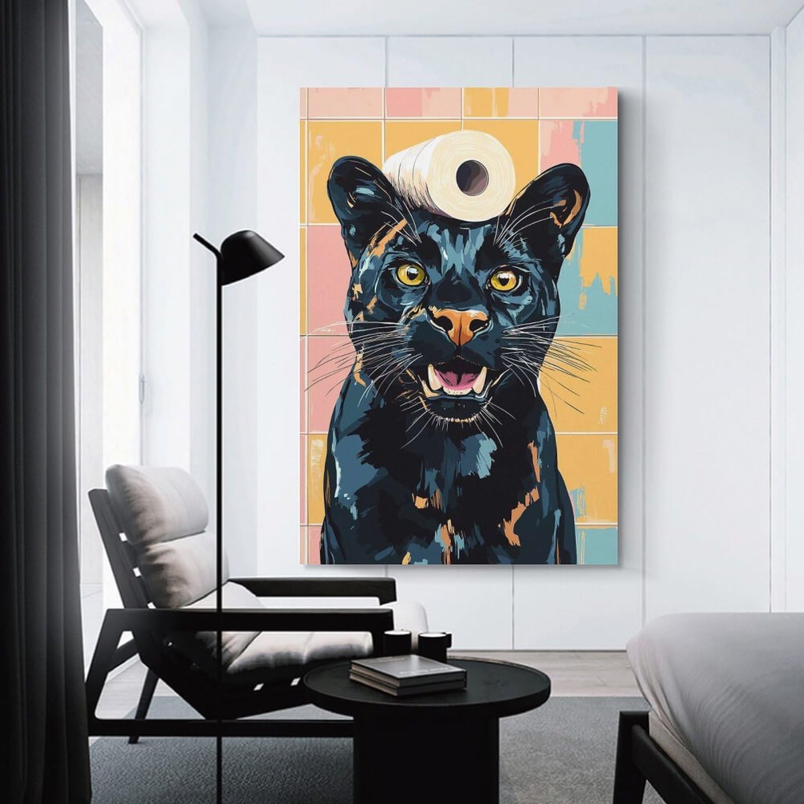 Junmoney Unframe-Style-6-1 Black Panther With Toilet Paper Hat Wall Decor Canvas Print, 12X18inch(30X45cm), For Wall Displays, Bedrooms Or Room Updates, Wall Decor Suited To Curated Displays