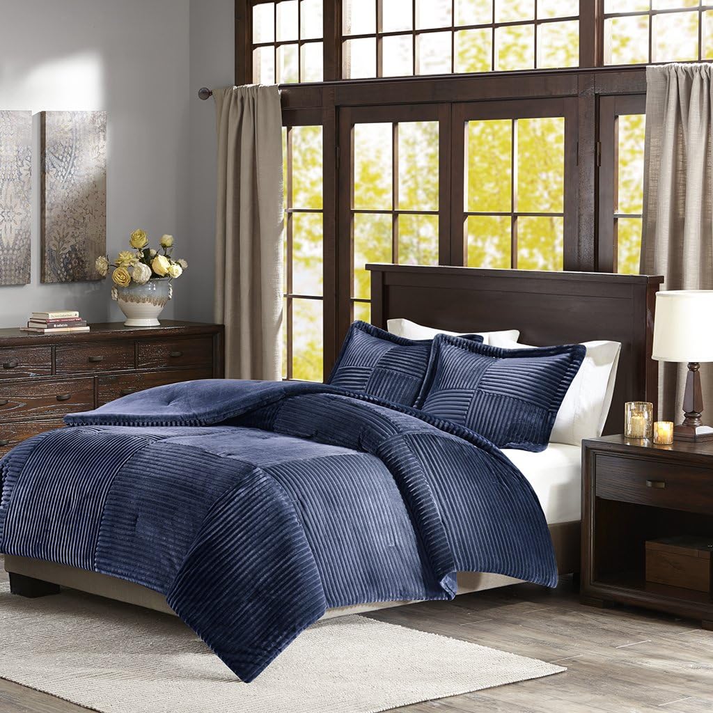 Premier Comfort Madison Park Parker Corduroy Ultra Soft Luxury Premium Plush Comforter Mini Bedding Set, King/Cal King, Navy