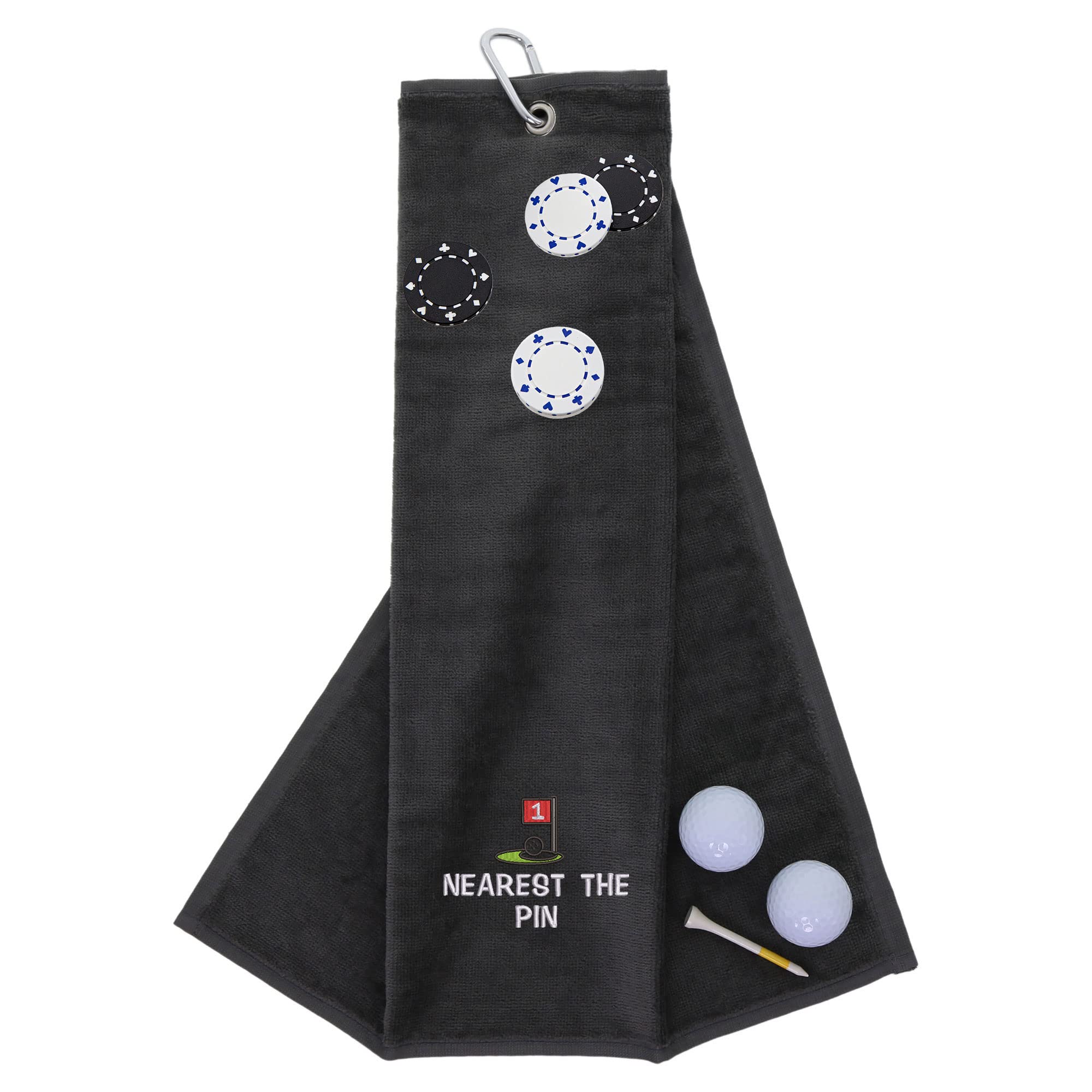 Funny Trifold Golf Towel and Poker Chip Marker Set Gift for Men, Carabiner Clip for Golf Bags, Nearest The Pin, Grey
