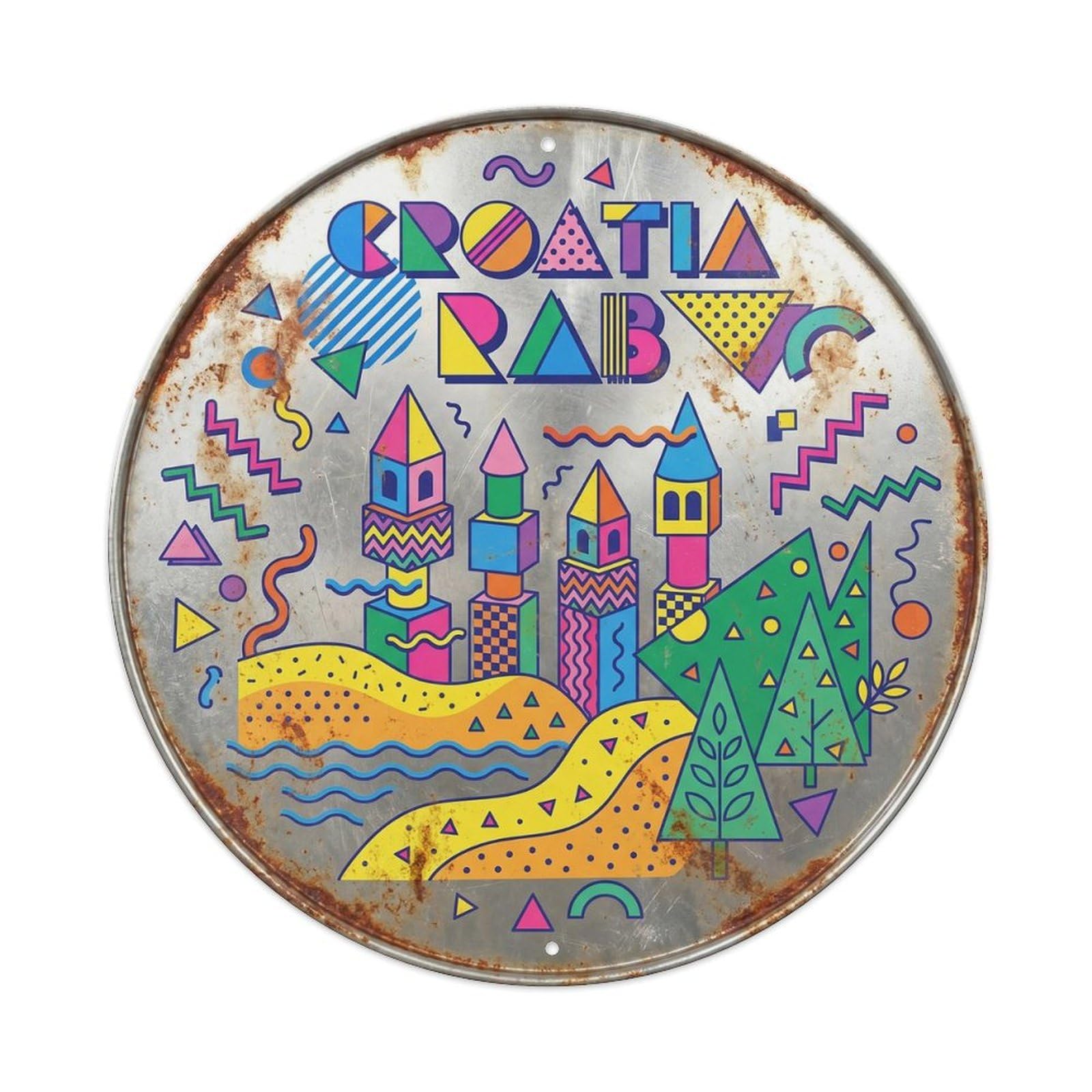 Rab Beaches Croatian Memphis Style Harbor Landmark Metal Tin Sign