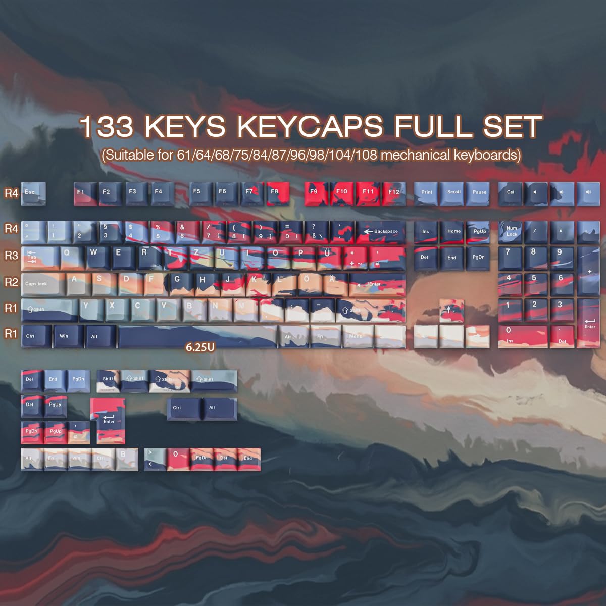 PBT ISO Keycaps, 133 Keys Cloud and Mist Keycaps, Side Print Shine Through Custom Keycap for Cherry MX Switch German QWERTZ Layout Mechanical Keyboards