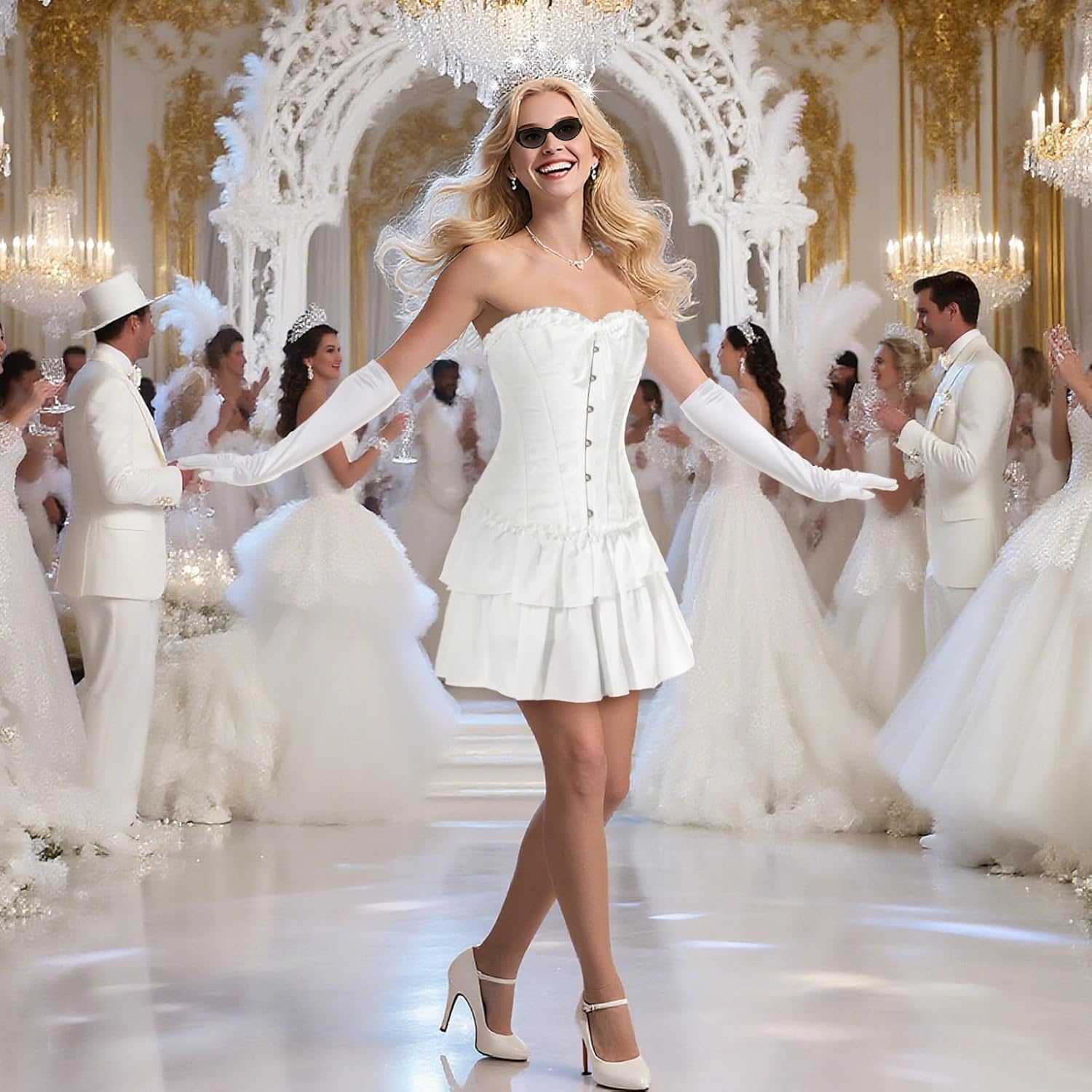 Mepase 5 Pcs Princess Costumes for Women Halloween Dress Corset Tops Crown Glove Sunglasses and Skirt Skirt Set for Bachelor Party Halloween Birthday Cosplay - Image 6