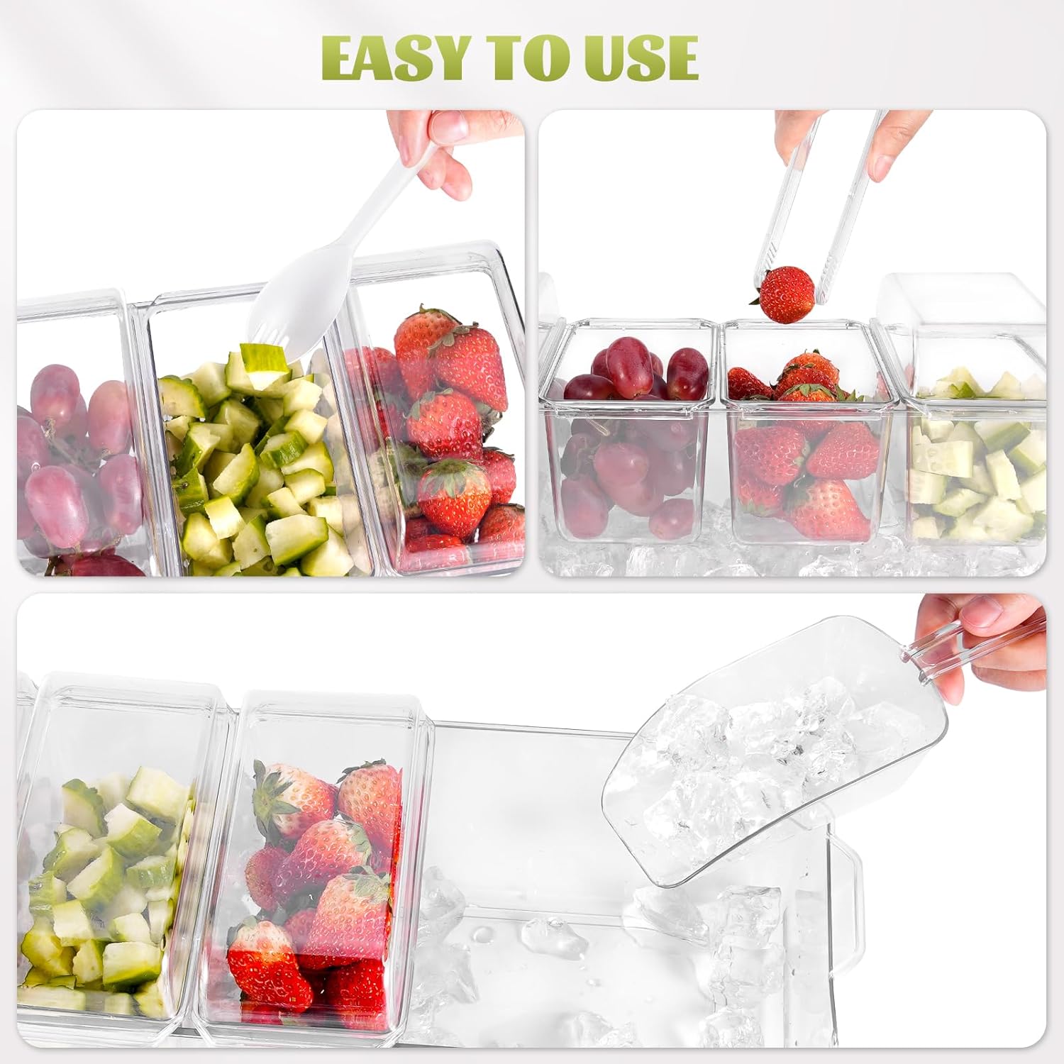 Fantasyon Ice Chilled Condiment Server Tray with 5 Removable Compartments Large Ice Chilled Condiment Caddy Organizer with Separate Lids Garnish Serving Tray for Bar Accessories, Fruit, Salad, Taco - Image 5