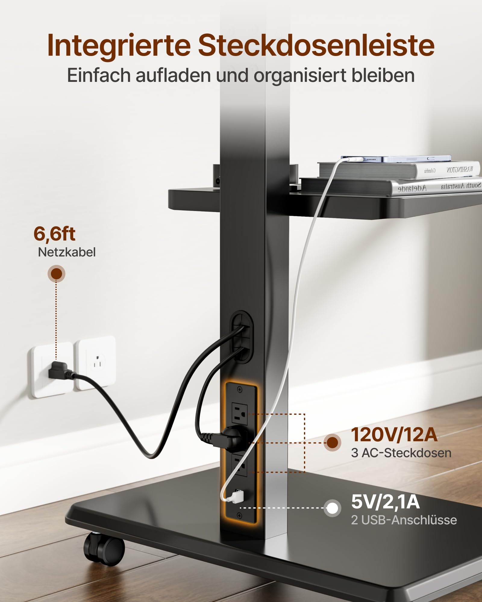 TV Ständer Rollbar mit Steckdose, 37"-75", 50kg, Max VESA 600x400 | TV Standfüße mit Versteckter Kabelverwaltung, Höhenverstellbar, Schwenkbar, Neigbar, ±3° Niveau, Einfache Montage, Schwarz