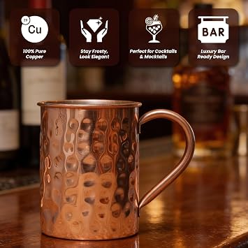 Craft Trade 16Oz/500ml Pure Copper Moscow Mule Mugs Hammered Drinking Cup with 4 Straws and 1Shot Glass for Drink Party and Room Bar Resturent - Set of 4